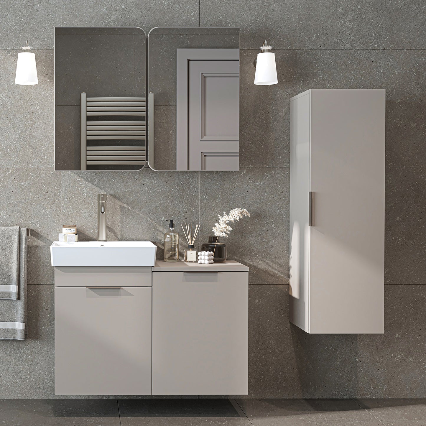 Roomart 3-teiliges Badmöbel-Set LYCIA, 49 cm, Waschtisch, Spiegelschrank und Hochschrank, in 4 Farben