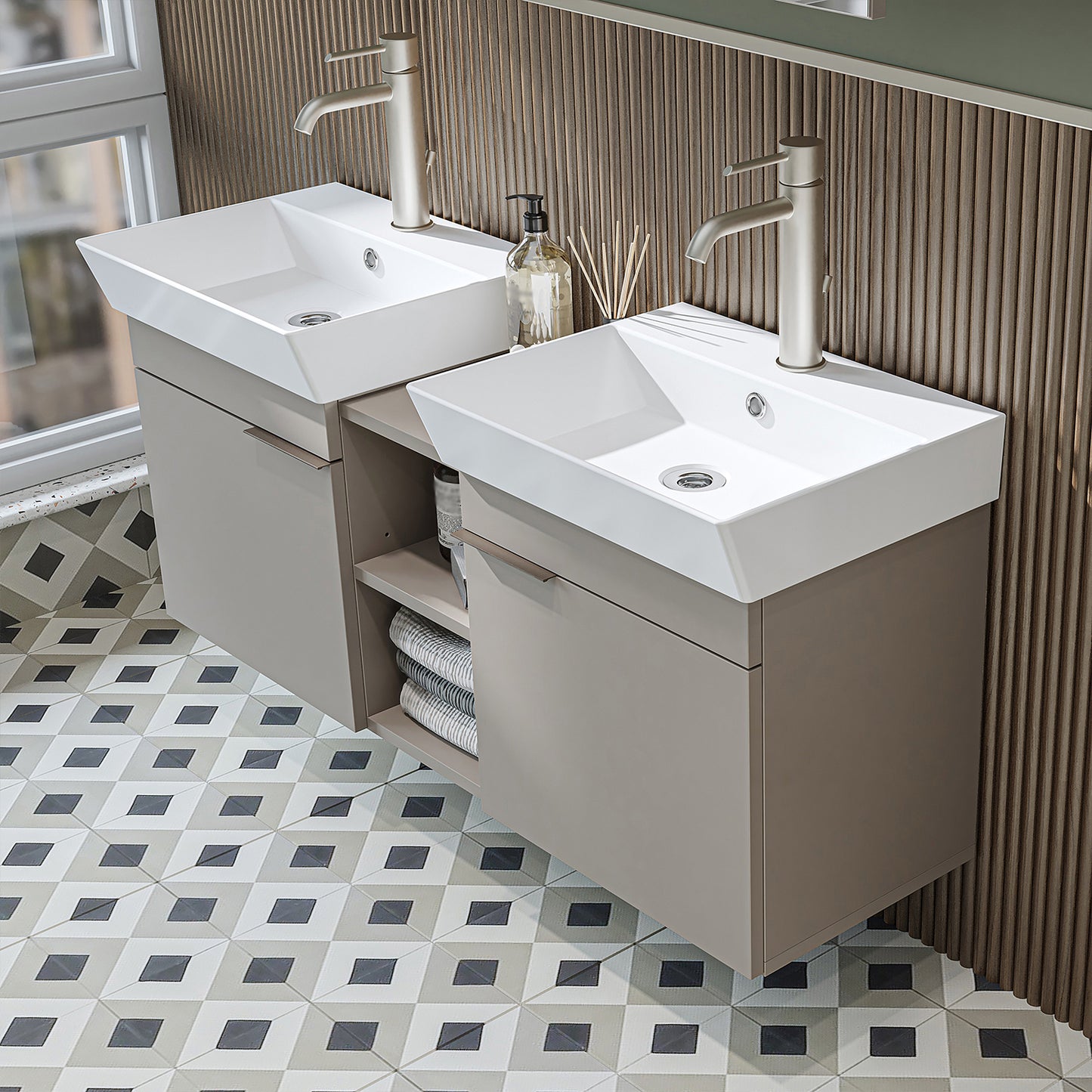 Roomart Badmöbel Set LYCIA 120 cm – 4-teiliges Badezimmermöbel-Set mit Keramik-Waschbecken, Spiegelschrank & Seitenschrank – Badmöbel in 4 Farben