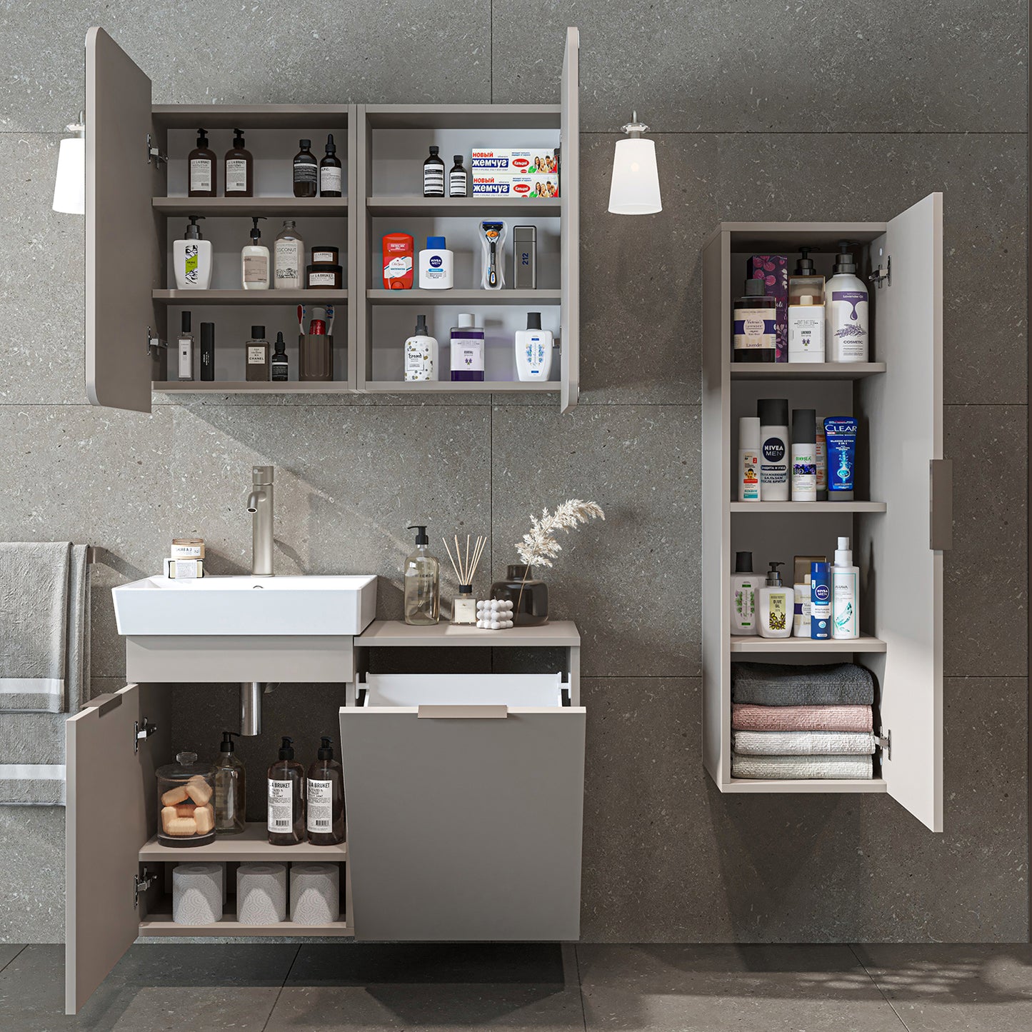 Roomart 3-teiliges Badmöbel-Set LYCIA, 49 cm, Waschtisch, Spiegelschrank und Hochschrank, in 4 Farben