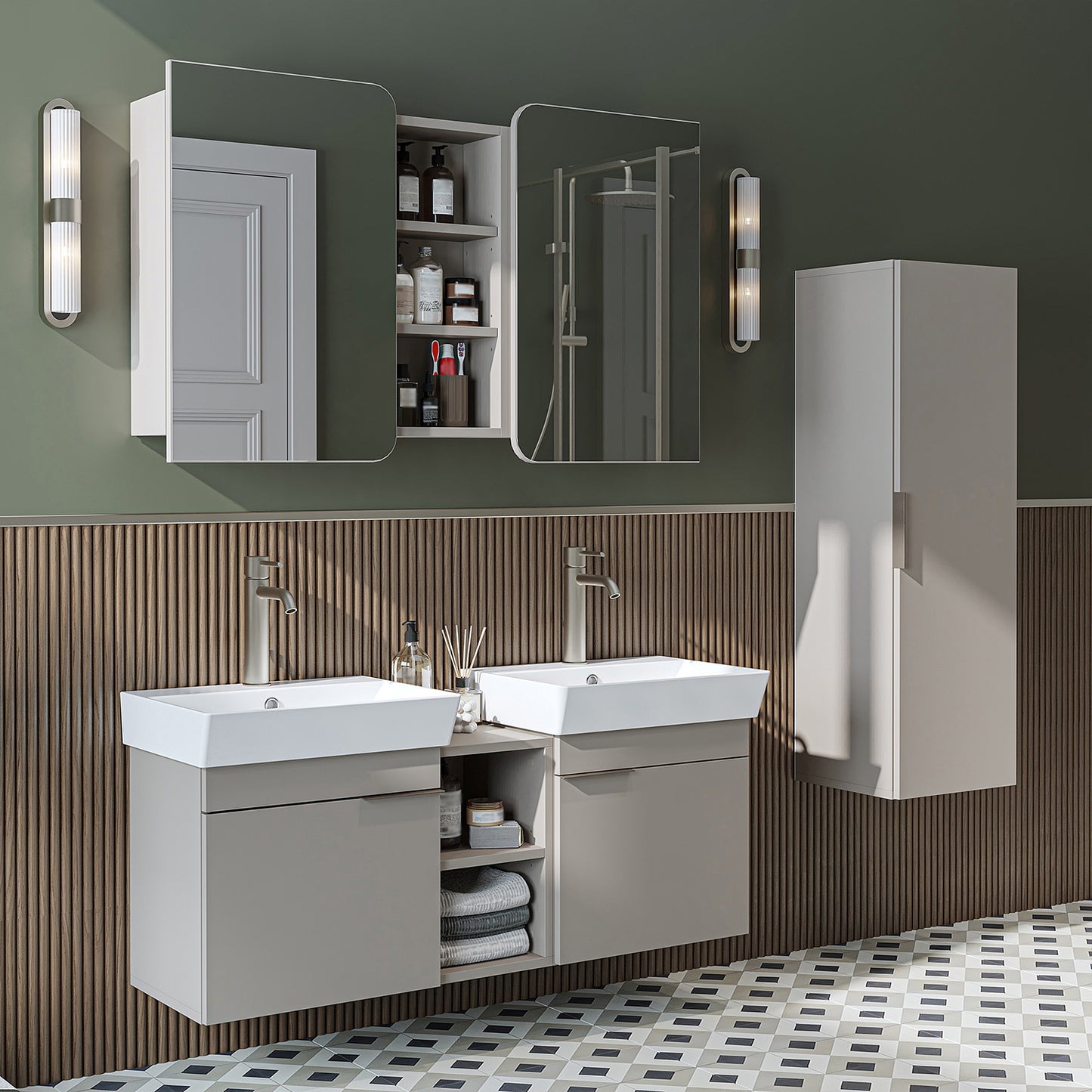 Roomart Badmöbel Set LYCIA 120 cm – 4-teiliges Badezimmermöbel-Set mit Keramik-Waschbecken, Spiegelschrank & Seitenschrank – Badmöbel in 4 Farben