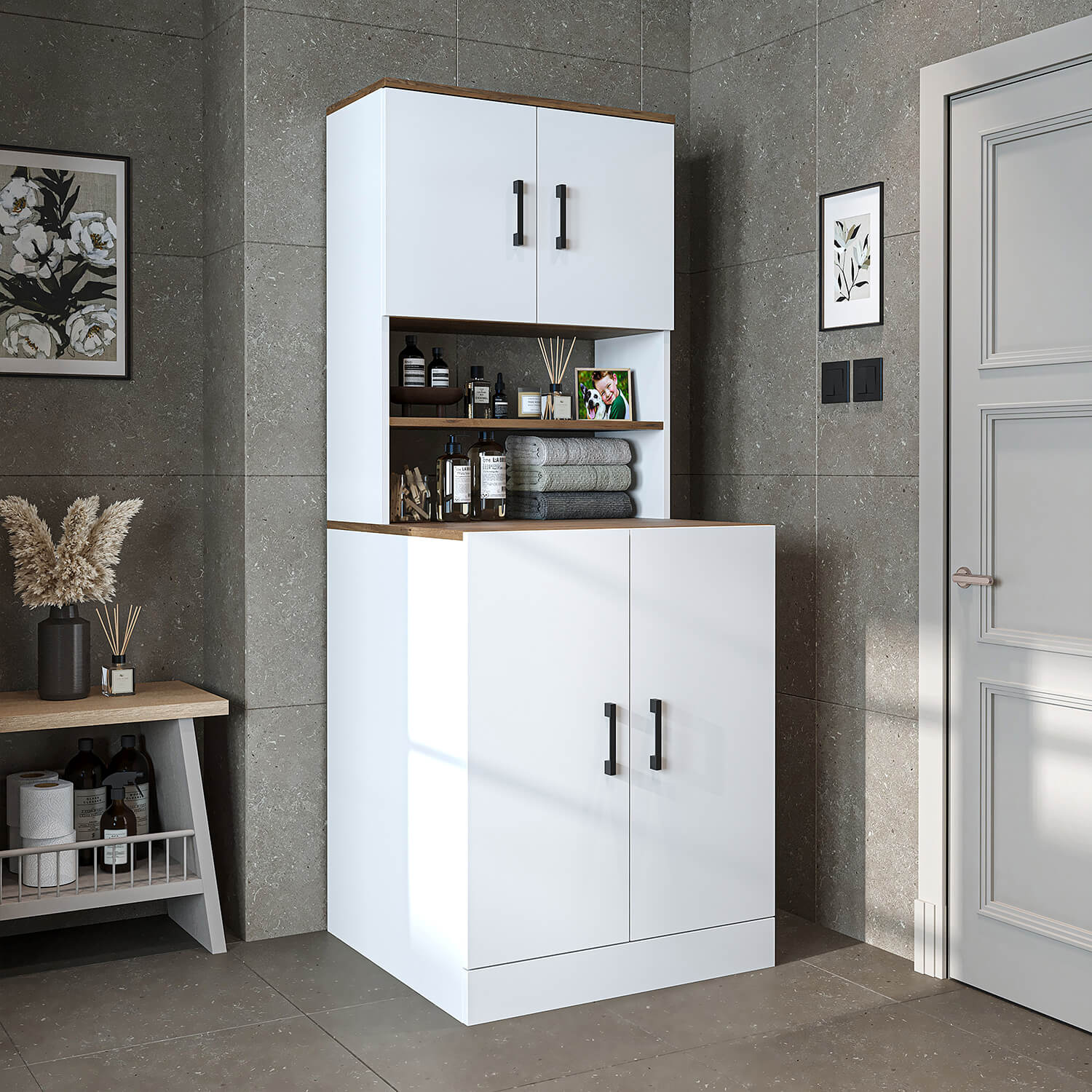 Roomart, bathroom washing machine cabinet ATRIA, washing machine superstructure, WDH: 70 x 180 x 69 cm, in white oak, anthracite oak washing machine cabinet, washing machine shelf, washing tower, cabinet, white, washing machines, base cabinet, washing machine, dryer, house