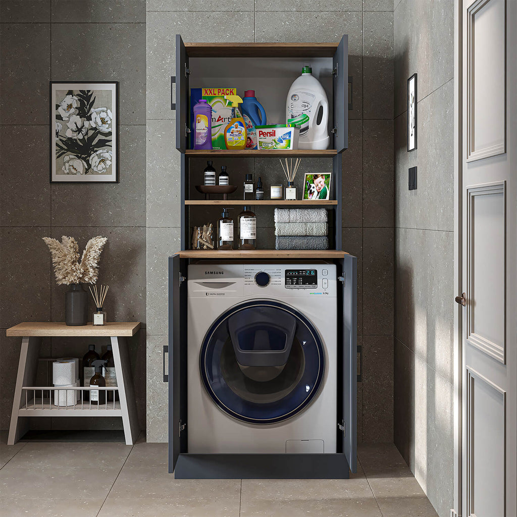 Roomart, bathroom washing machine cabinet ATRIA, washing machine superstructure, WDH: 70 x 180 x 69 cm, in white oak, anthracite oak washing machine cabinet, washing machine shelf, washing tower, cabinet, white, washing machines, base cabinet, washing machine, dryer, house