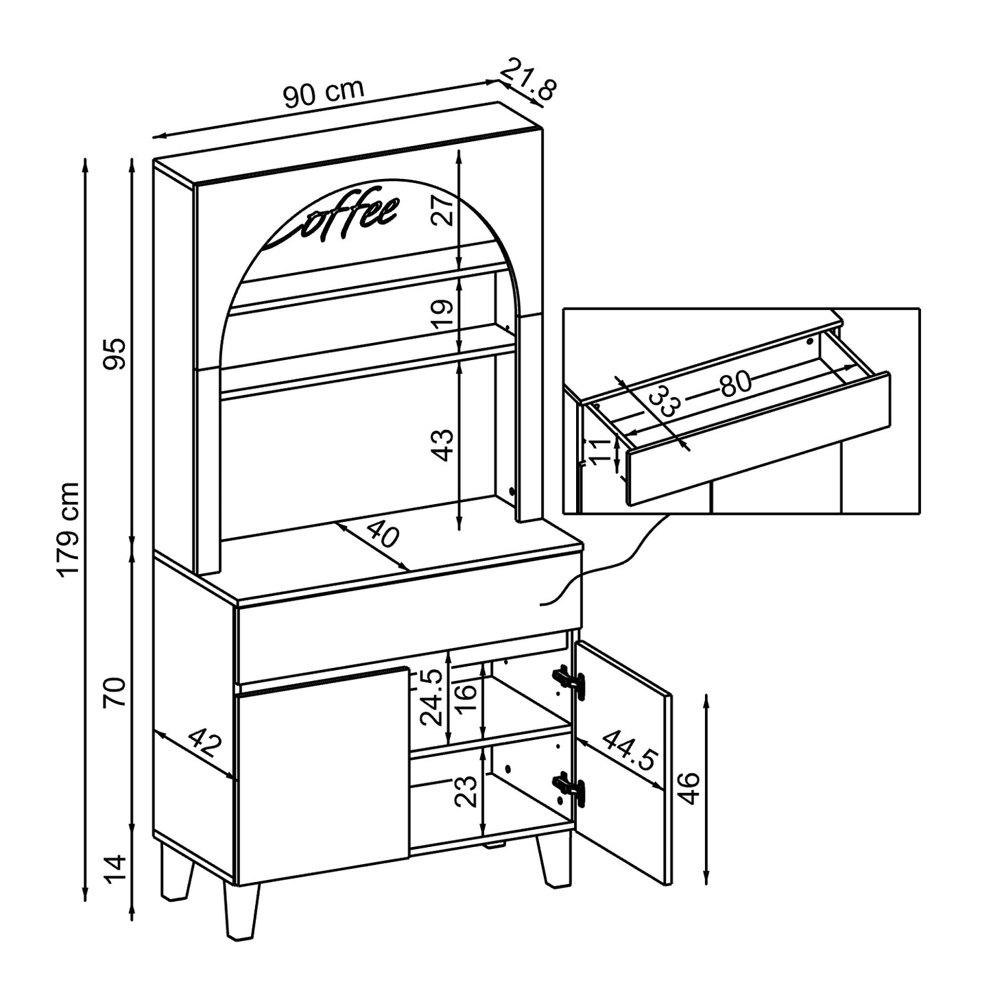 Roomart Küchenschrank VENEDIK – Buffet- & Mehrzweckschrank mit Schublade, Türen & Verstellbare Ablagen – Mikrowellenschrank, Aufbewahrungsschrank für Küche, Esszimmer, Wohnzimmer – 90 x 179 x 42 cm – in 4 Farben – Modern & Multifunktional