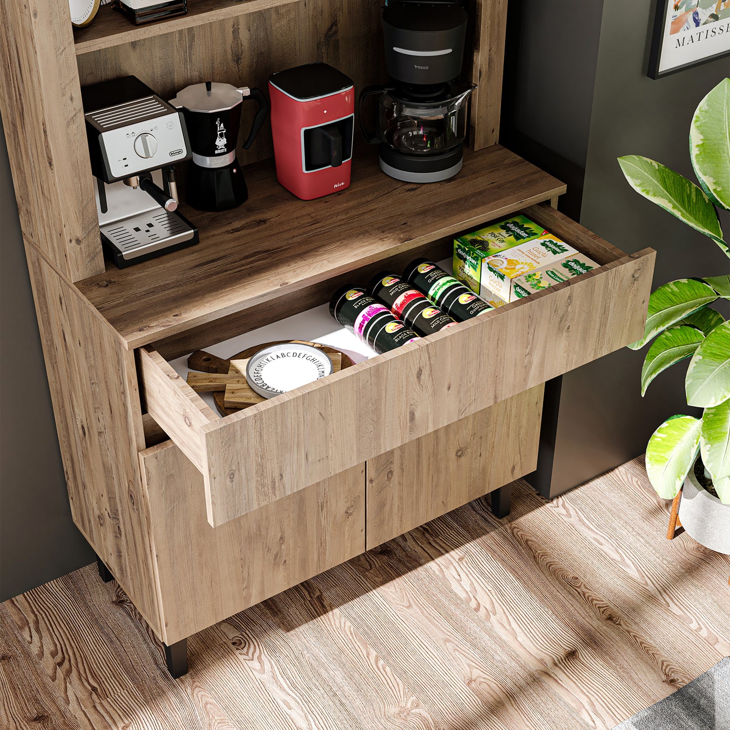 Roomart Küchenschrank VENEDIK – Buffet- & Mehrzweckschrank mit Schublade, Türen & Verstellbare Ablagen – Mikrowellenschrank, Aufbewahrungsschrank für Küche, Esszimmer, Wohnzimmer – 90 x 179 x 42 cm – in 4 Farben – Modern & Multifunktional