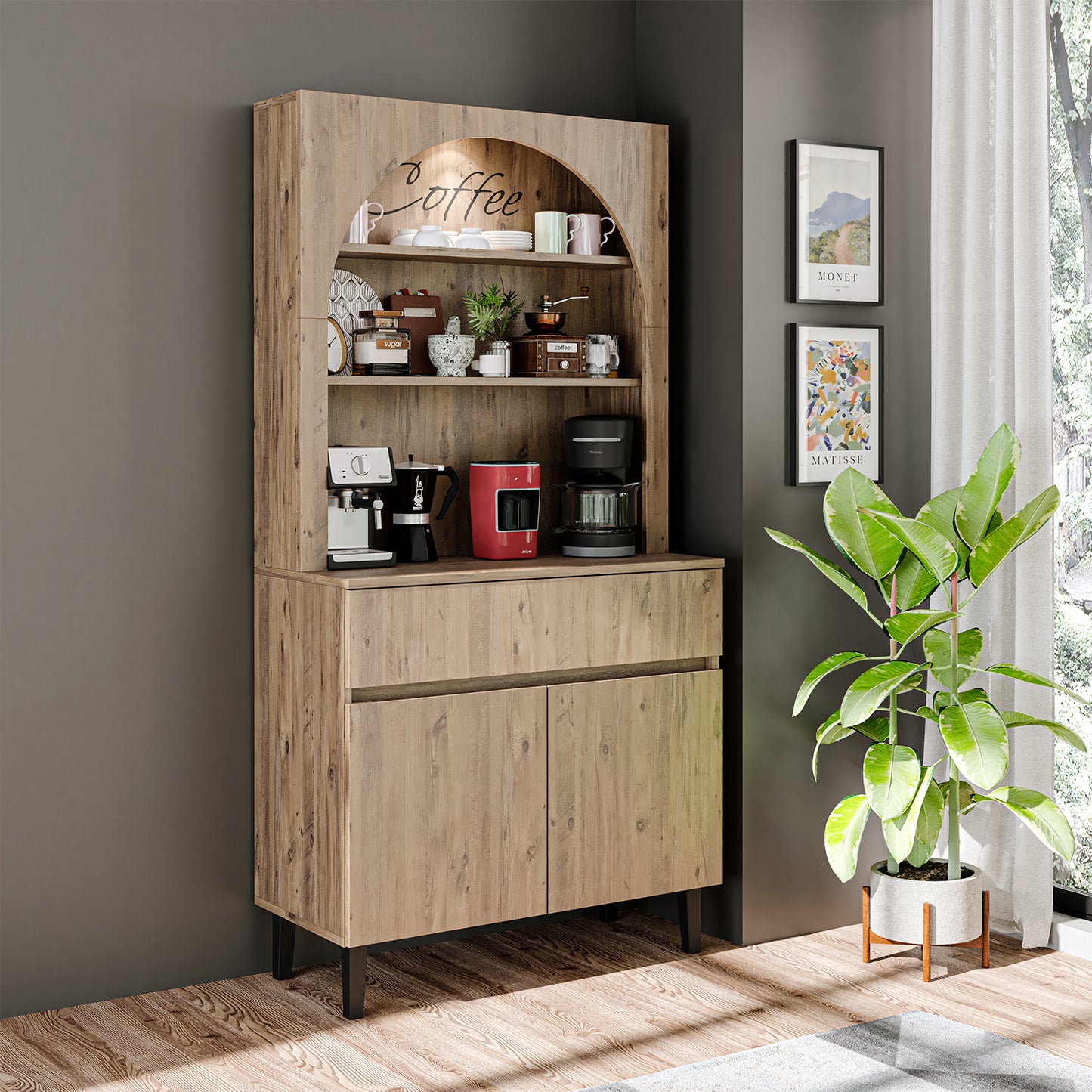 Roomart Küchenschrank VENEDIK – Buffet- & Mehrzweckschrank mit Schublade, Türen & Verstellbare Ablagen – Mikrowellenschrank, Aufbewahrungsschrank für Küche, Esszimmer, Wohnzimmer – 90 x 179 x 42 cm – in 4 Farben – Modern & Multifunktional