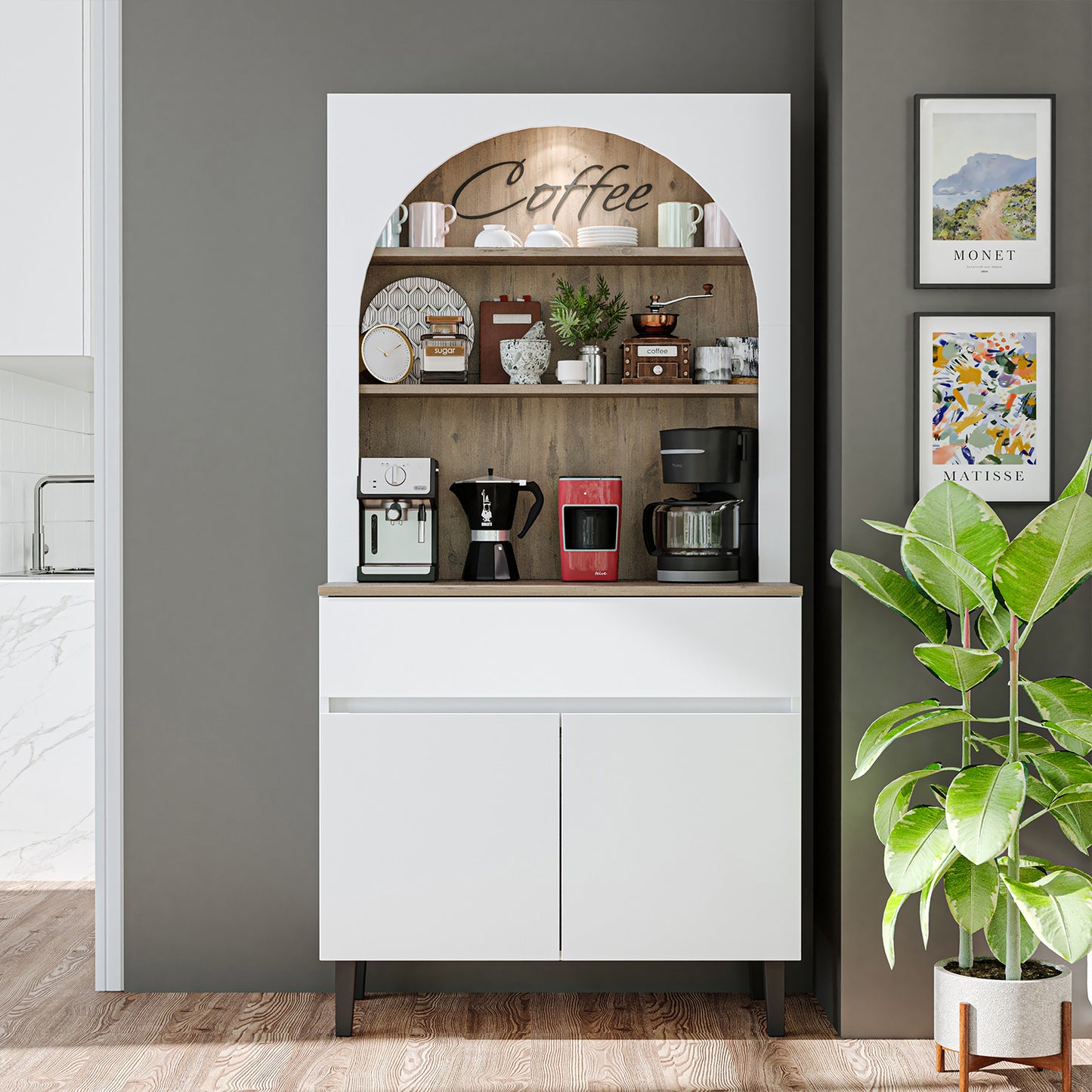 Roomart Küchenschrank VENEDIK – Buffet- & Mehrzweckschrank mit Schublade, Türen & Verstellbare Ablagen – Mikrowellenschrank, Aufbewahrungsschrank für Küche, Esszimmer, Wohnzimmer – 90 x 179 x 42 cm – in 4 Farben – Modern & Multifunktional