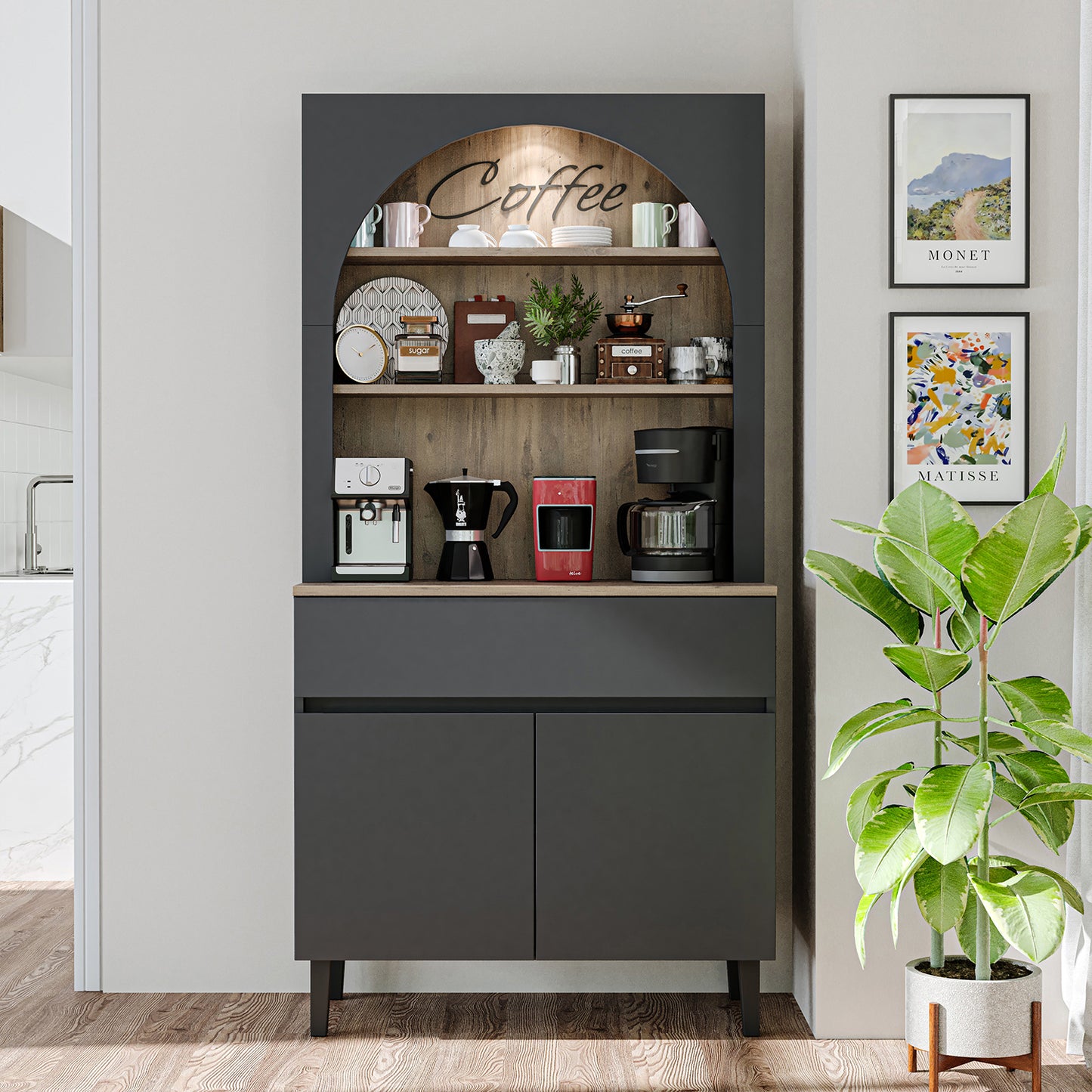 Roomart Küchenschrank VENEDIK – Buffet- & Mehrzweckschrank mit Schublade, Türen & Verstellbare Ablagen – Mikrowellenschrank, Aufbewahrungsschrank für Küche, Esszimmer, Wohnzimmer – 90 x 179 x 42 cm – in 4 Farben – Modern & Multifunktional