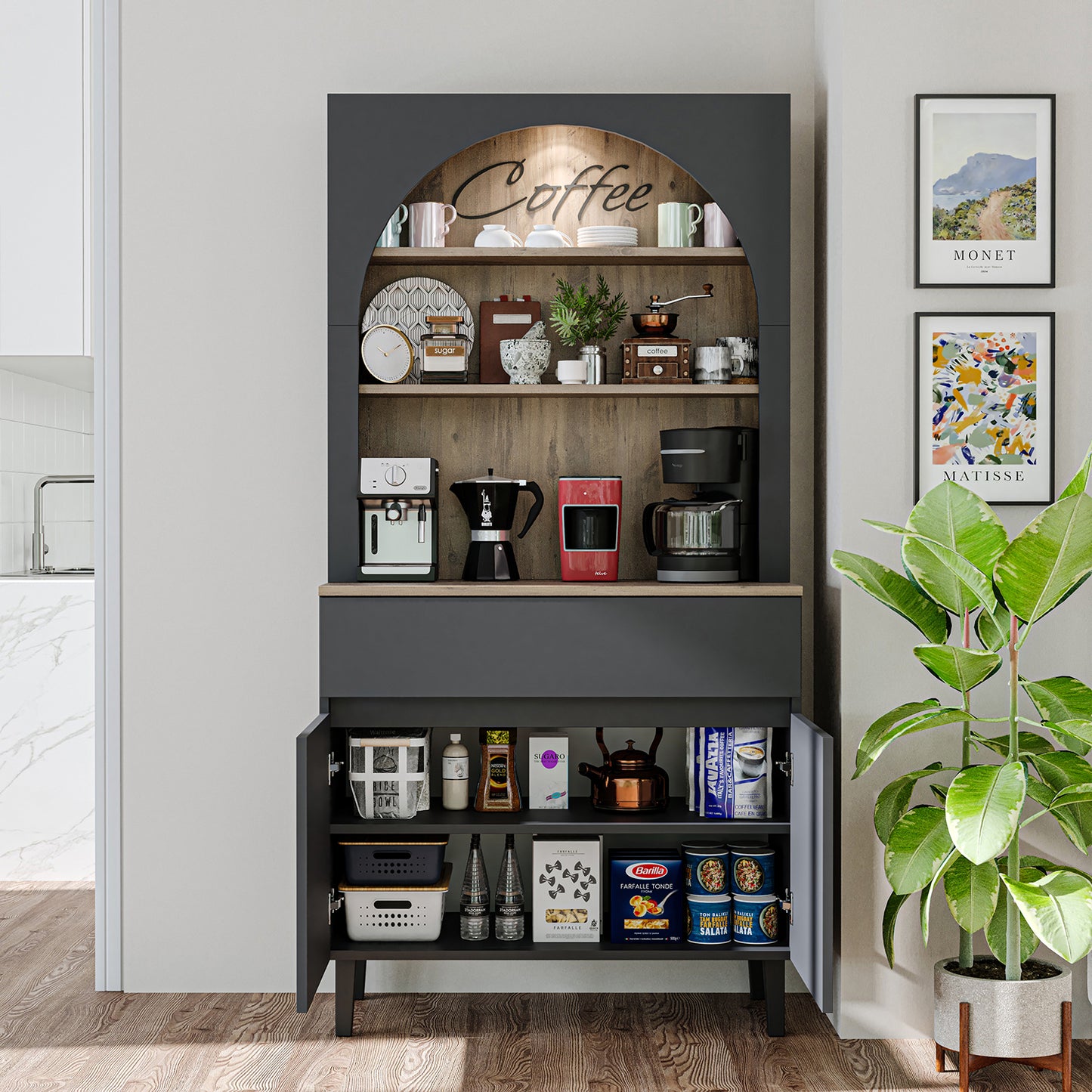Roomart Küchenschrank VENEDIK – Buffet- & Mehrzweckschrank mit Schublade, Türen & Verstellbare Ablagen – Mikrowellenschrank, Aufbewahrungsschrank für Küche, Esszimmer, Wohnzimmer – 90 x 179 x 42 cm – in 4 Farben – Modern & Multifunktional