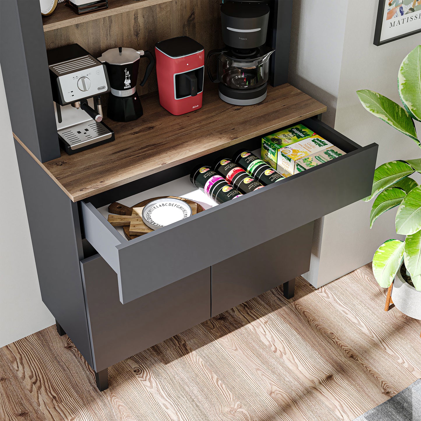 Roomart Küchenschrank VENEDIK – Buffet- & Mehrzweckschrank mit Schublade, Türen & Verstellbare Ablagen – Mikrowellenschrank, Aufbewahrungsschrank für Küche, Esszimmer, Wohnzimmer – 90 x 179 x 42 cm – in 4 Farben – Modern & Multifunktional