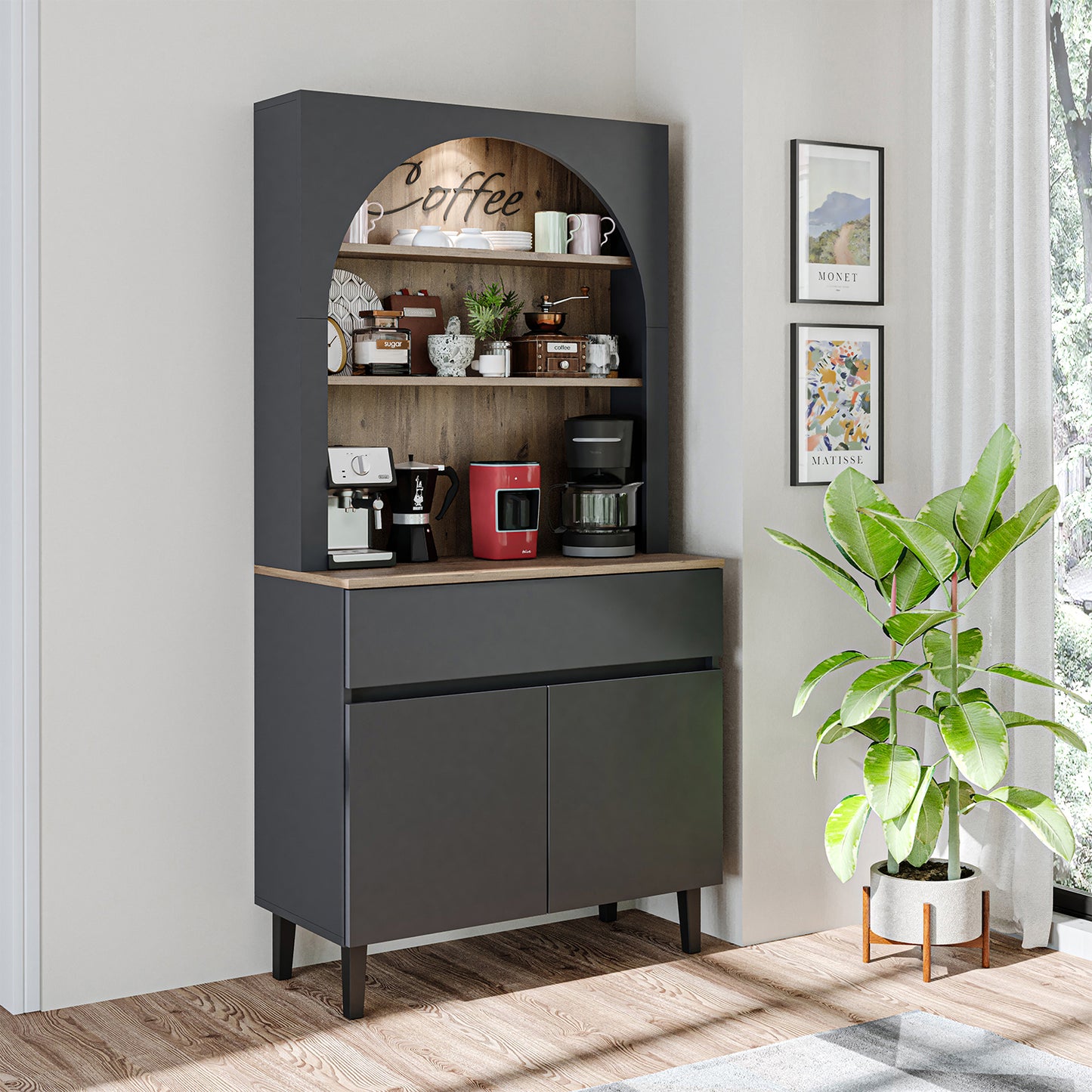 Roomart Küchenschrank VENEDIK – Buffet- & Mehrzweckschrank mit Schublade, Türen & Verstellbare Ablagen – Mikrowellenschrank, Aufbewahrungsschrank für Küche, Esszimmer, Wohnzimmer – 90 x 179 x 42 cm – in 4 Farben – Modern & Multifunktional