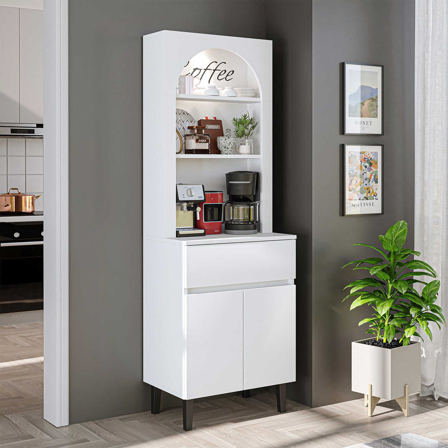 Roomart Küchenschrank VENEDIK 60 cm – Buffetschrank mit LED, Schublade, Bogendesign, 4 Farben