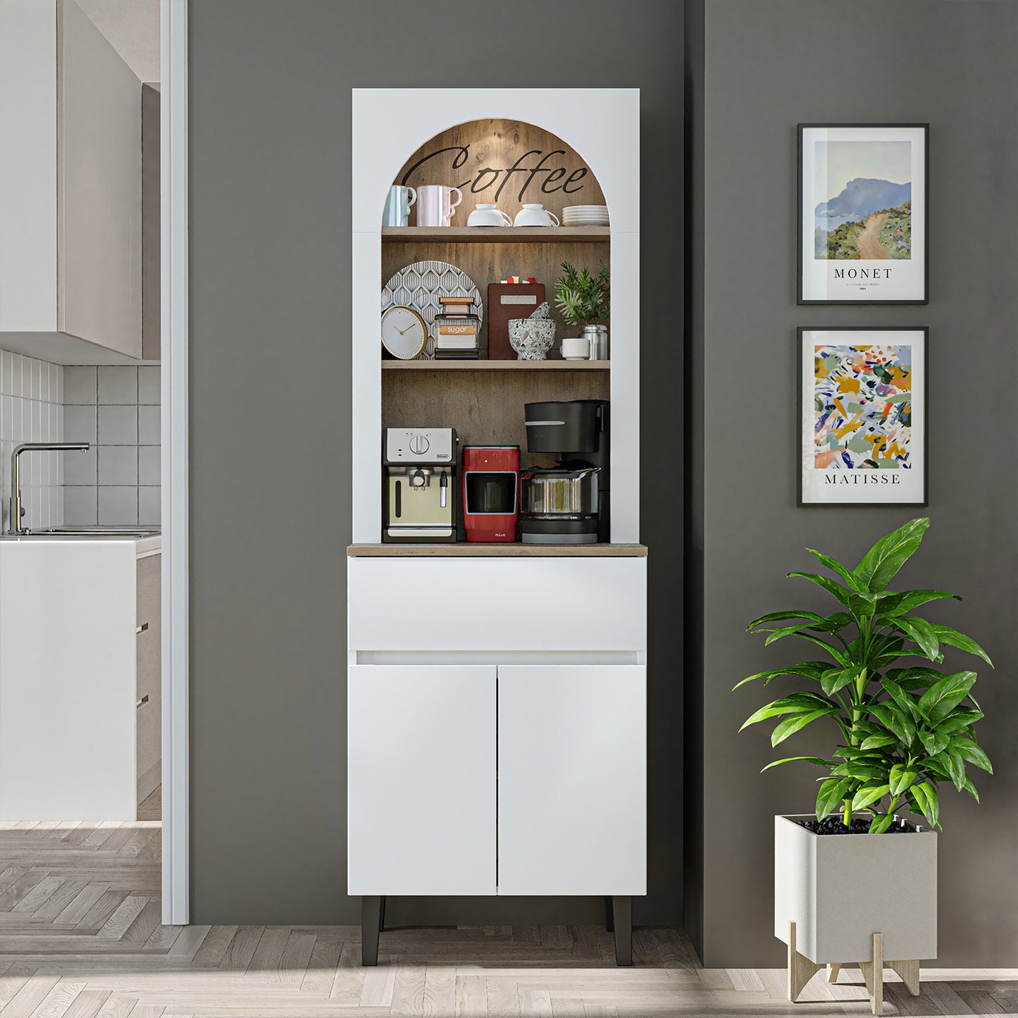 Roomart Küchenschrank VENEDIK 60 cm – Buffetschrank mit LED, Schublade, Bogendesign, 4 Farben