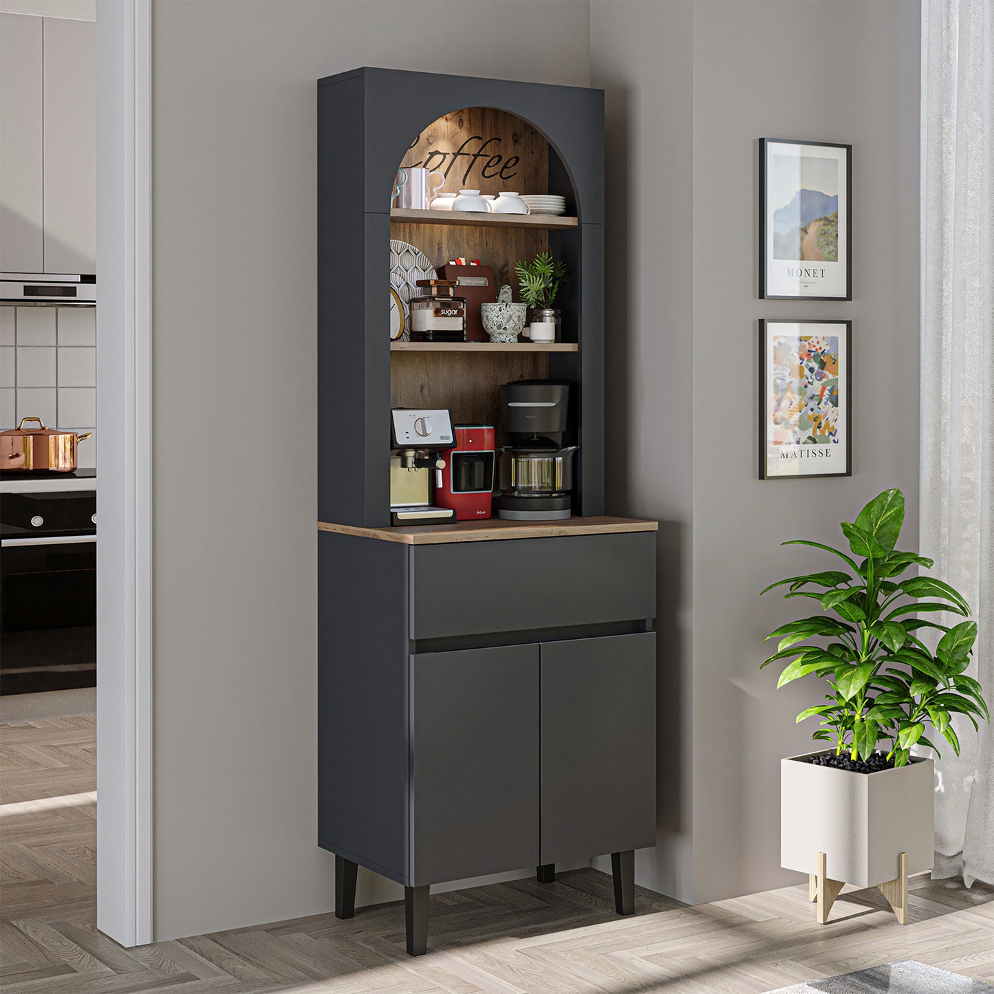 Roomart Küchenschrank VENEDIK 60 cm – Buffetschrank mit LED, Schublade, Bogendesign, 4 Farben