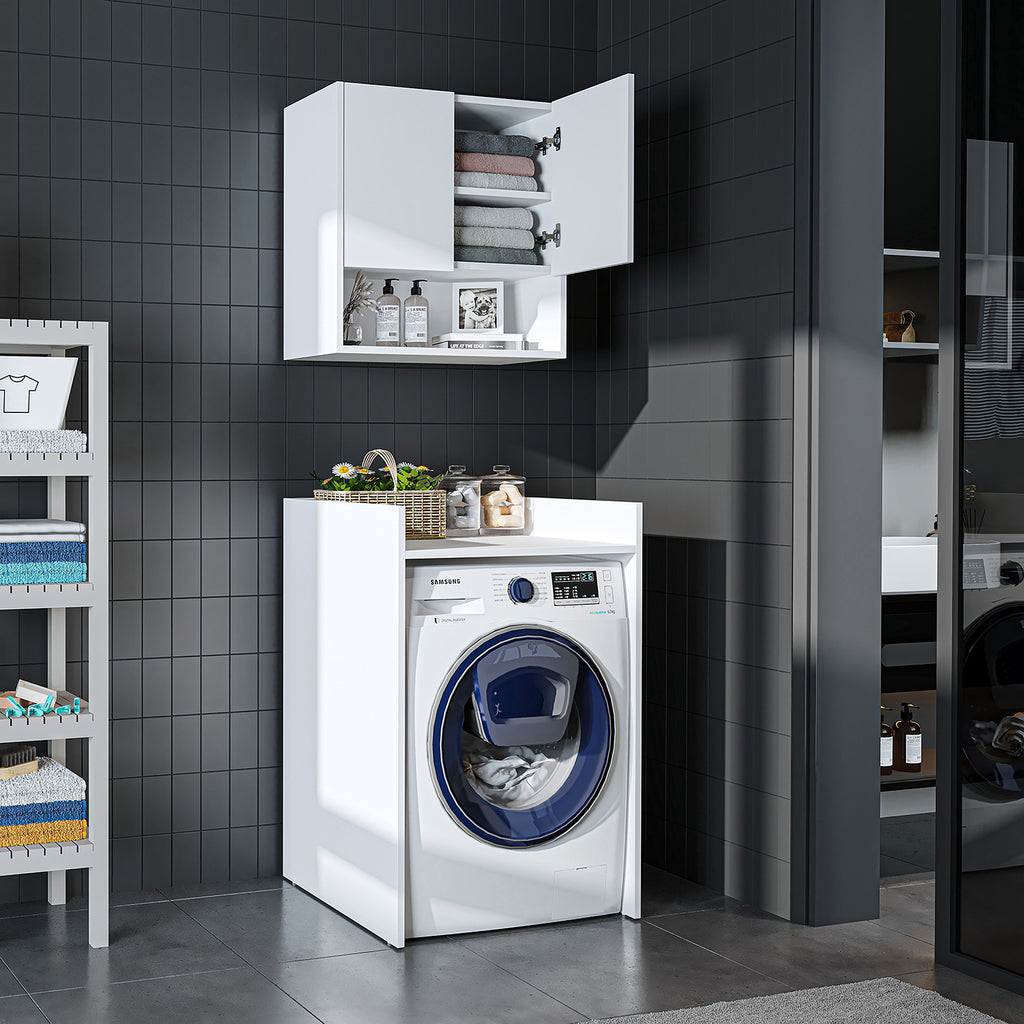 Roomart Waschmaschinenschrank DERIN-I – Waschmaschinen-Überbauschrank  – 65×180×65 cm – Waschküchen- & Hauswirtschaftsschrank – Weiß, Weiß-Eiche, Eiche & Anthrazit-Eiche