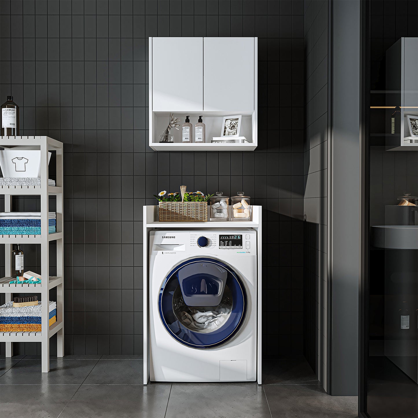 Roomart Waschmaschinenschrank DERIN-I – Waschmaschinen-Überbauschrank  – 65×180×65 cm – Waschküchen- & Hauswirtschaftsschrank – Weiß, Weiß-Eiche, Eiche & Anthrazit-Eiche