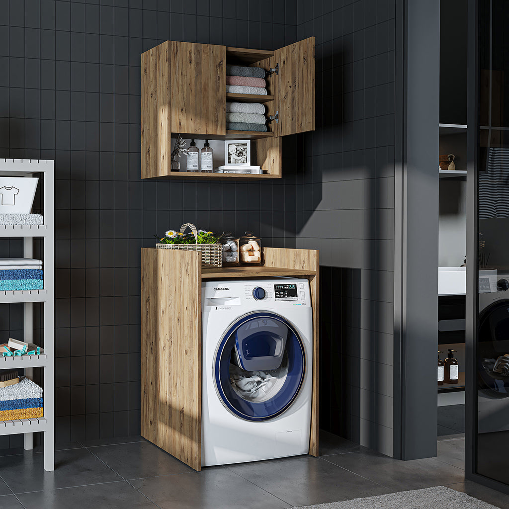 Roomart Waschmaschinenschrank DERIN-I – Waschmaschinen-Überbauschrank  – 65×180×65 cm – Waschküchen- & Hauswirtschaftsschrank – Weiß, Weiß-Eiche, Eiche & Anthrazit-Eiche