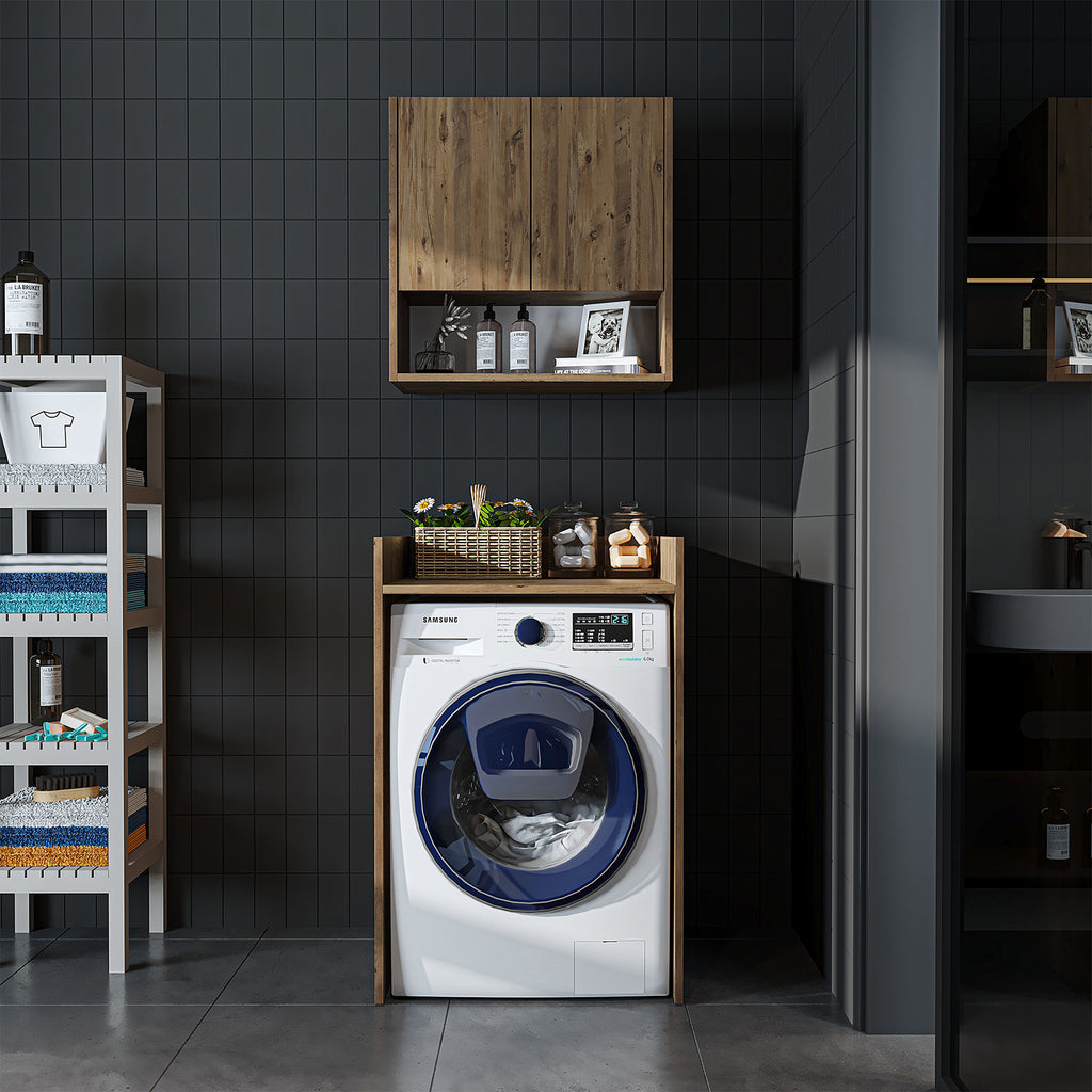 Roomart Waschmaschinenschrank DERIN-I – Waschmaschinen-Überbauschrank  – 65×180×65 cm – Waschküchen- & Hauswirtschaftsschrank – Weiß, Weiß-Eiche, Eiche & Anthrazit-Eiche