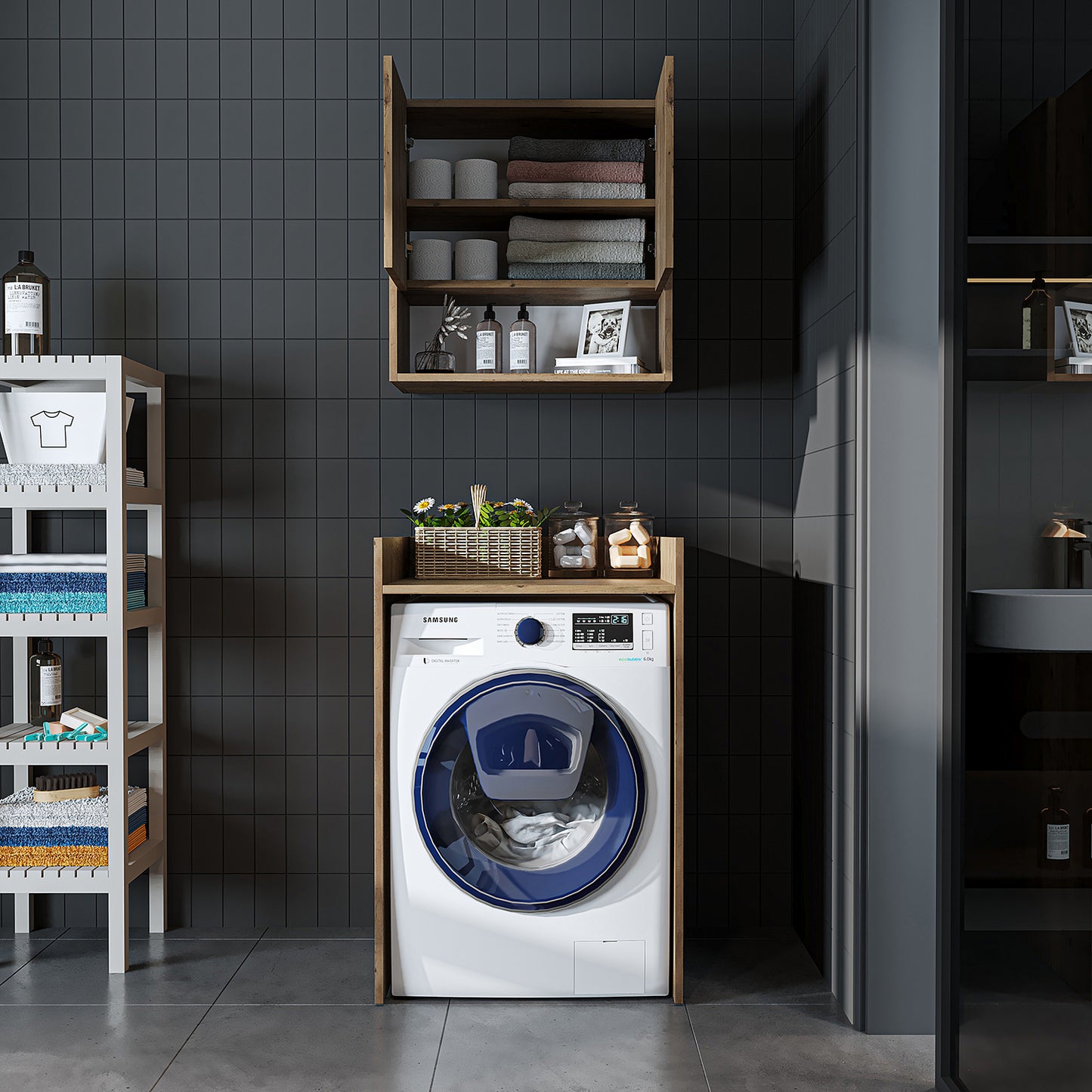 Roomart Waschmaschinenschrank DERIN-I – Waschmaschinen-Überbauschrank  – 65×180×65 cm – Waschküchen- & Hauswirtschaftsschrank – Weiß, Weiß-Eiche, Eiche & Anthrazit-Eiche