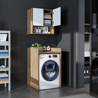 Roomart Waschmaschinenschrank DERIN-I – Waschmaschinen-Überbauschrank  – 65×180×65 cm – Waschküchen- & Hauswirtschaftsschrank – Weiß, Weiß-Eiche, Eiche & Anthrazit-Eiche