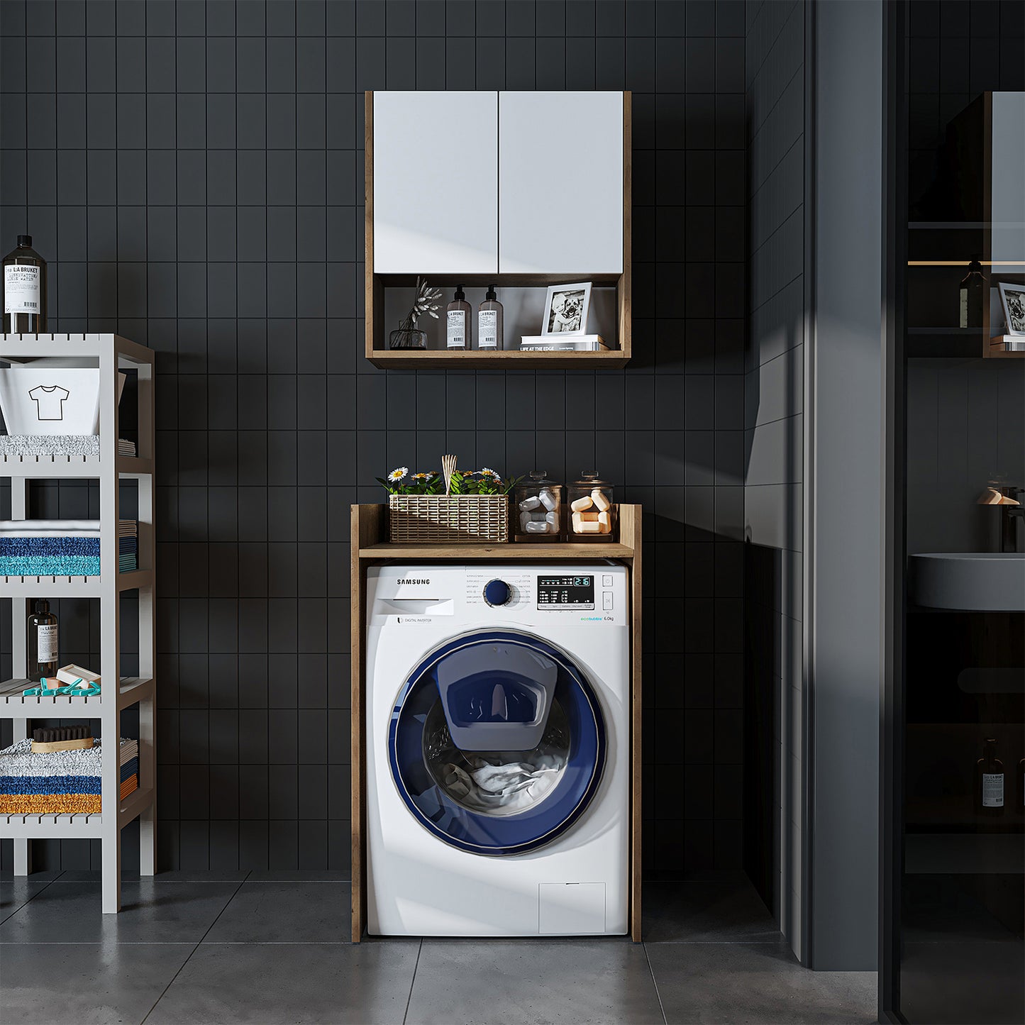 Roomart Waschmaschinenschrank DERIN-I – Waschmaschinen-Überbauschrank  – 65×180×65 cm – Waschküchen- & Hauswirtschaftsschrank – Weiß, Weiß-Eiche, Eiche & Anthrazit-Eiche