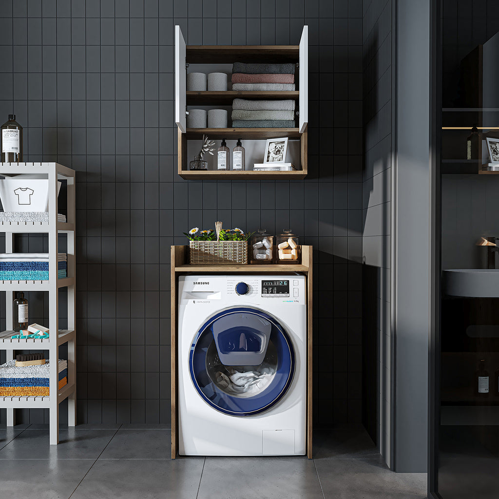 Roomart Waschmaschinenschrank DERIN-I – Waschmaschinen-Überbauschrank  – 65×180×65 cm – Waschküchen- & Hauswirtschaftsschrank – Weiß, Weiß-Eiche, Eiche & Anthrazit-Eiche