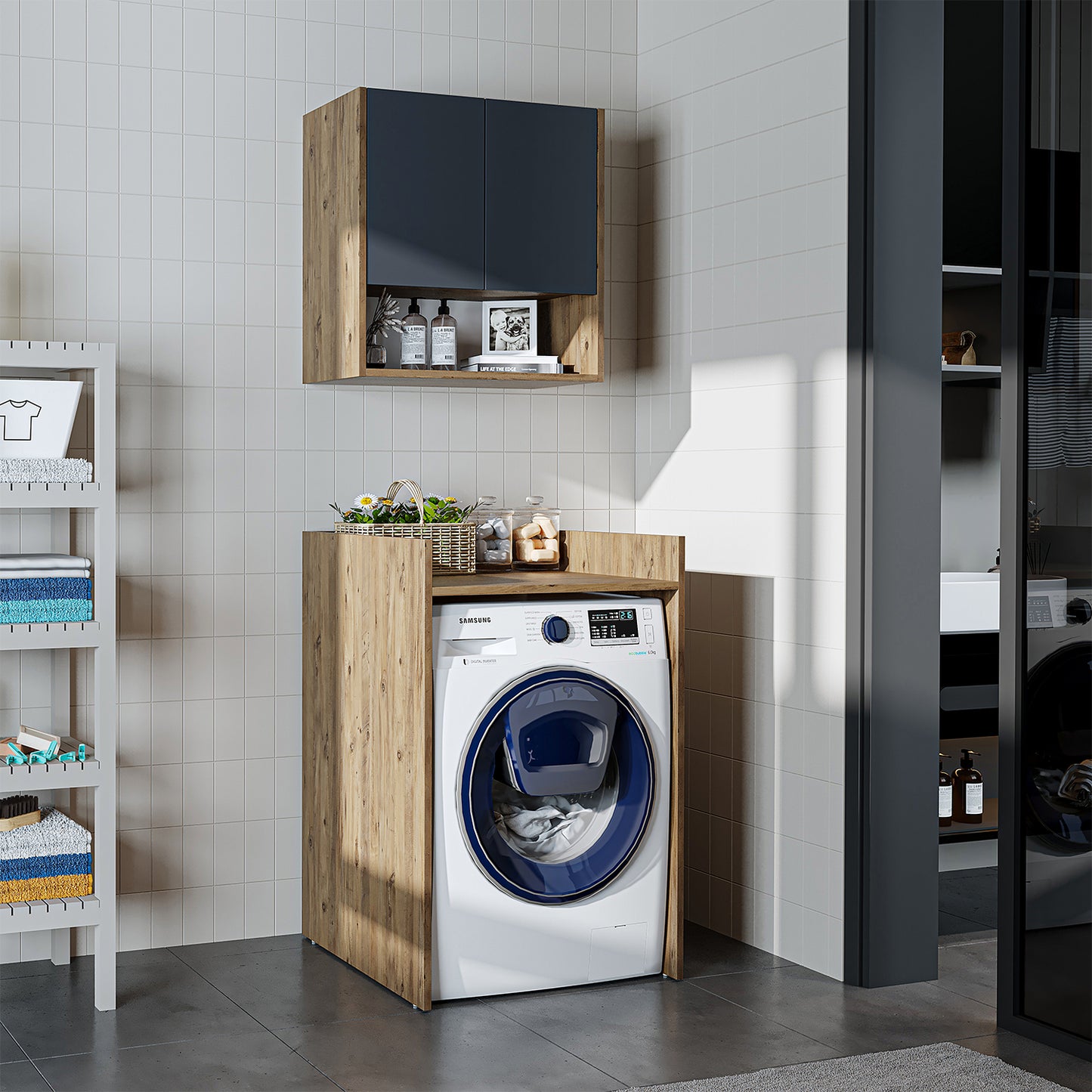 Roomart Waschmaschinenschrank DERIN-I – Waschmaschinen-Überbauschrank  – 65×180×65 cm – Waschküchen- & Hauswirtschaftsschrank – Weiß, Weiß-Eiche, Eiche & Anthrazit-Eiche