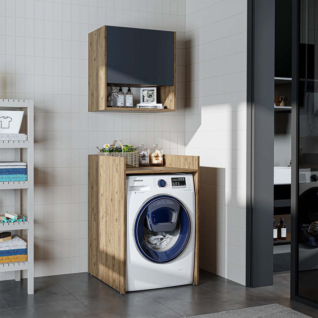 Roomart Waschmaschinenschrank DERIN-I – Waschmaschinen-Überbauschrank  – 65×180×65 cm – Waschküchen- & Hauswirtschaftsschrank – Weiß, Weiß-Eiche, Eiche & Anthrazit-Eiche