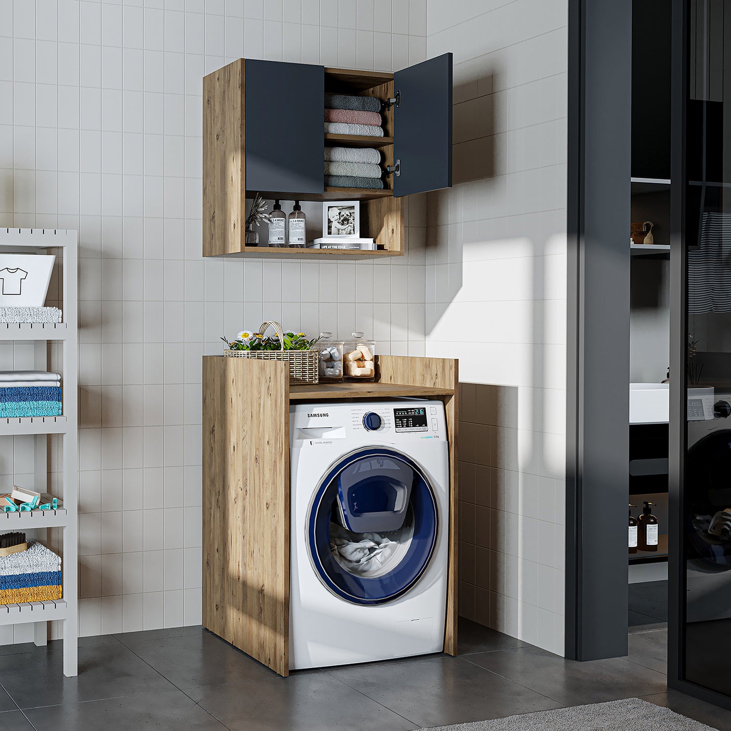 Roomart Waschmaschinenschrank DERIN-I – Waschmaschinen-Überbauschrank  – 65×180×65 cm – Waschküchen- & Hauswirtschaftsschrank – Weiß, Weiß-Eiche, Eiche & Anthrazit-Eiche