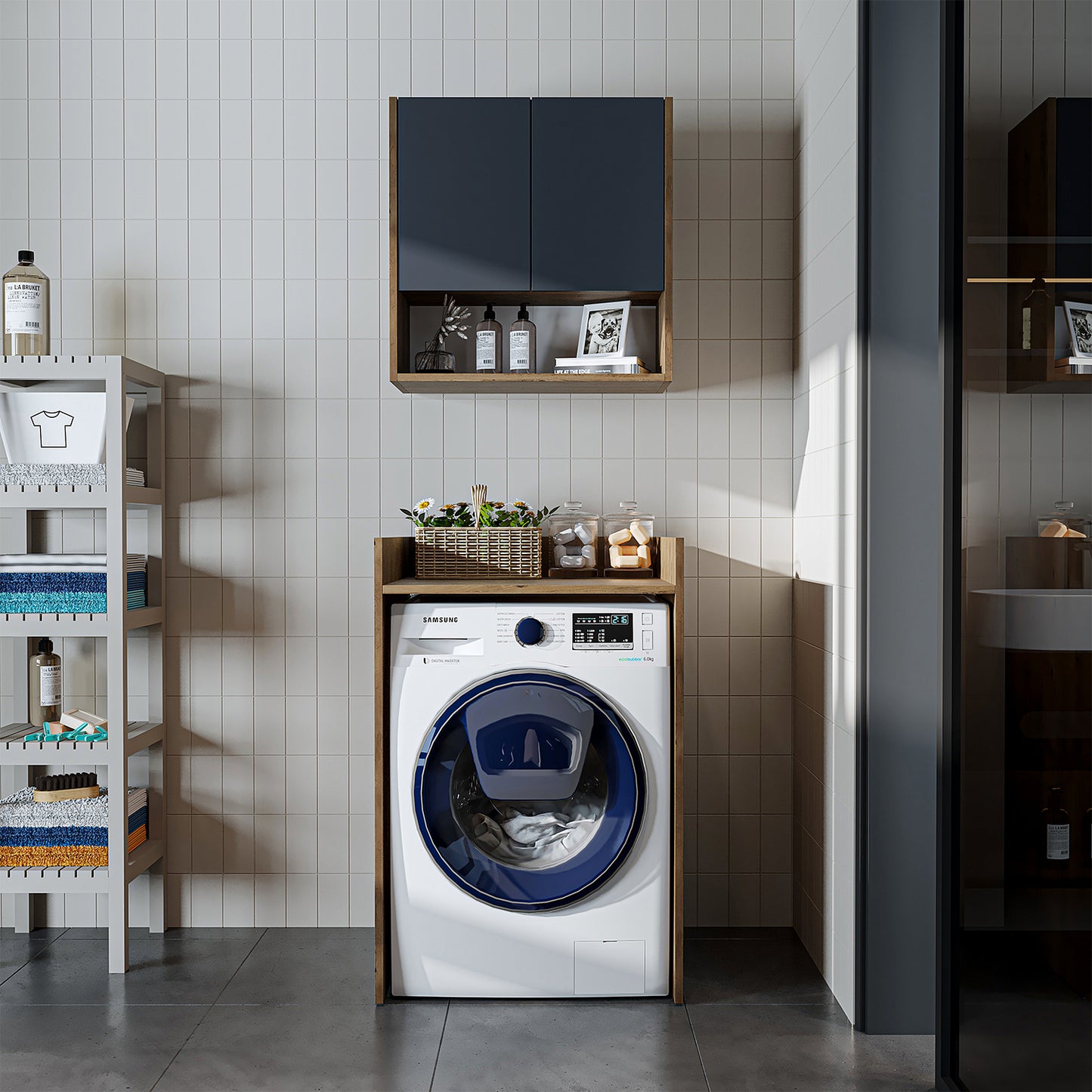 Roomart Waschmaschinenschrank DERIN-I – Waschmaschinen-Überbauschrank  – 65×180×65 cm – Waschküchen- & Hauswirtschaftsschrank – Weiß, Weiß-Eiche, Eiche & Anthrazit-Eiche