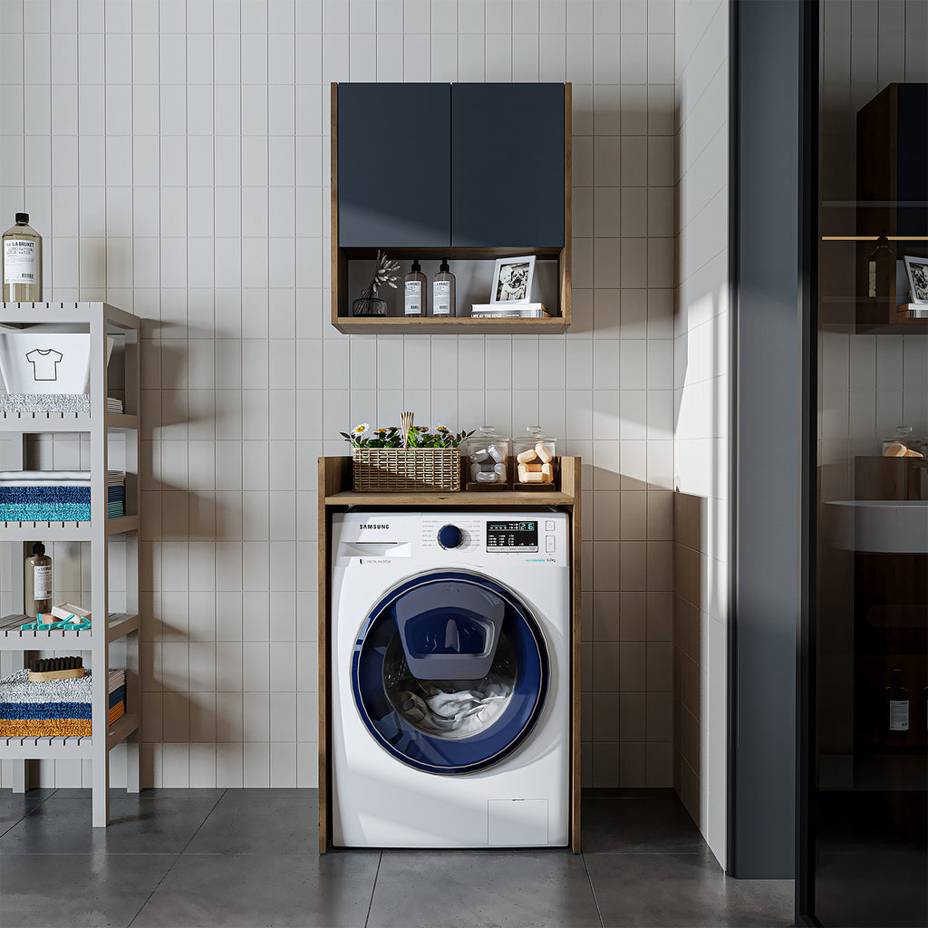 Roomart Waschmaschinenschrank DERIN-I – Waschmaschinen-Überbauschrank  – 65×180×65 cm – Waschküchen- & Hauswirtschaftsschrank – Weiß, Weiß-Eiche, Eiche & Anthrazit-Eiche