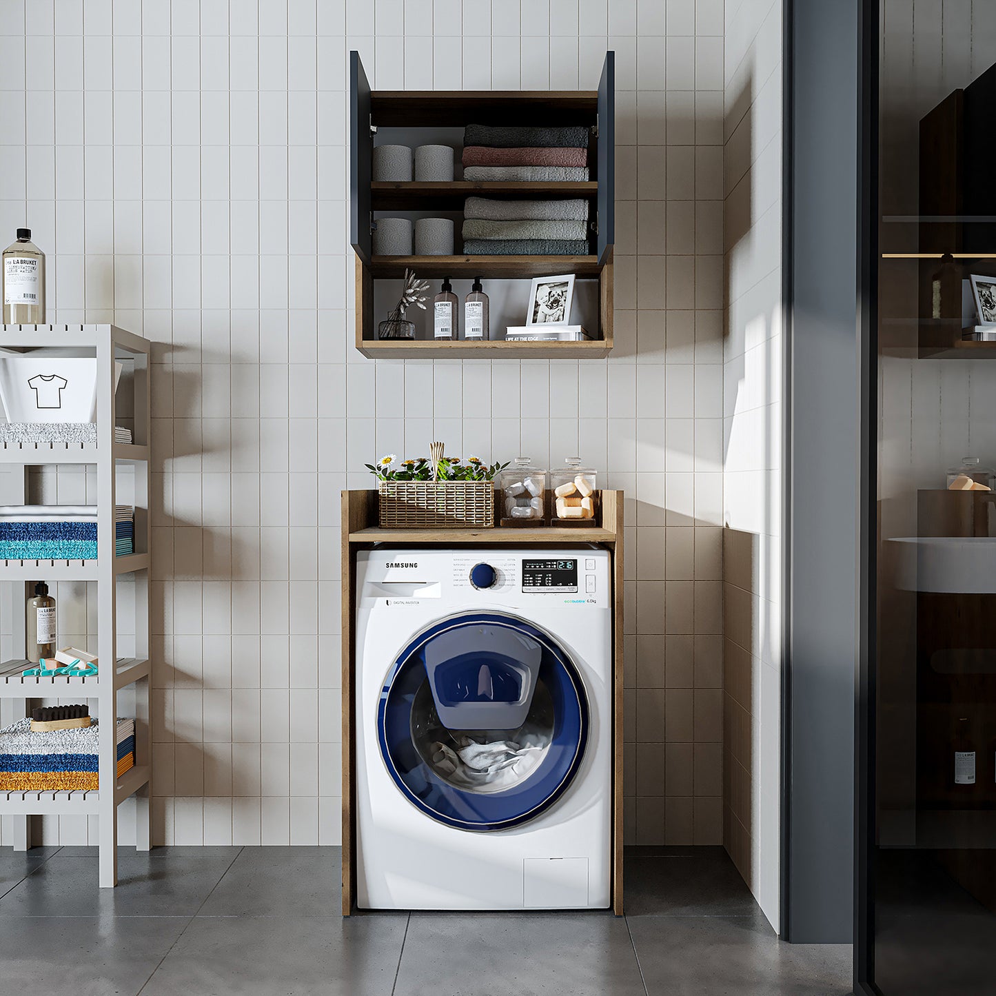 Roomart Waschmaschinenschrank DERIN-I – Waschmaschinen-Überbauschrank  – 65×180×65 cm – Waschküchen- & Hauswirtschaftsschrank – Weiß, Weiß-Eiche, Eiche & Anthrazit-Eiche