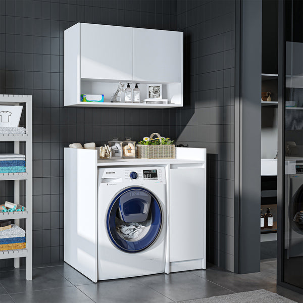Roomart Waschmaschinenschrank DERIN-II – Waschmaschinen-Überbauschrank  – 100×180×65 cm – Waschküchen- & Hauswirtschaftsschrank – Weiß, Weiß-Eiche, Eiche & Anthrazit-Eiche