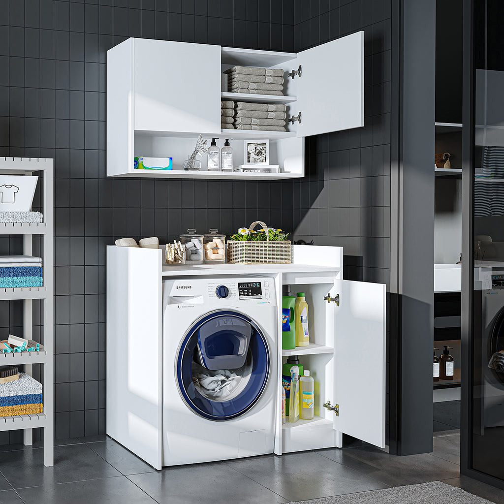 Roomart Waschmaschinenschrank DERIN-II – Waschmaschinen-Überbauschrank  – 100×180×65 cm – Waschküchen- & Hauswirtschaftsschrank – Weiß, Weiß-Eiche, Eiche & Anthrazit-Eiche