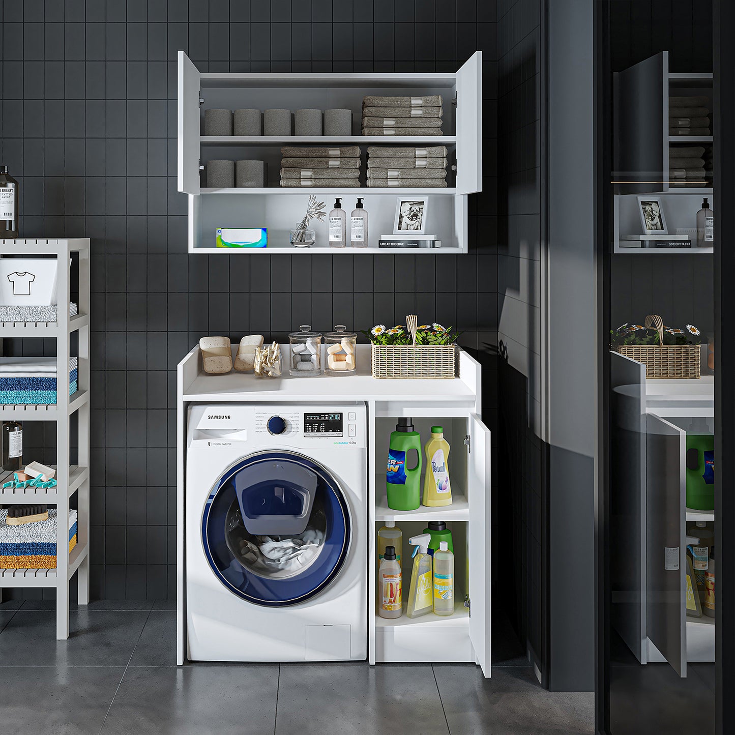 Roomart Waschmaschinenschrank DERIN-II – Waschmaschinen-Überbauschrank  – 100×180×65 cm – Waschküchen- & Hauswirtschaftsschrank – Weiß, Weiß-Eiche, Eiche & Anthrazit-Eiche