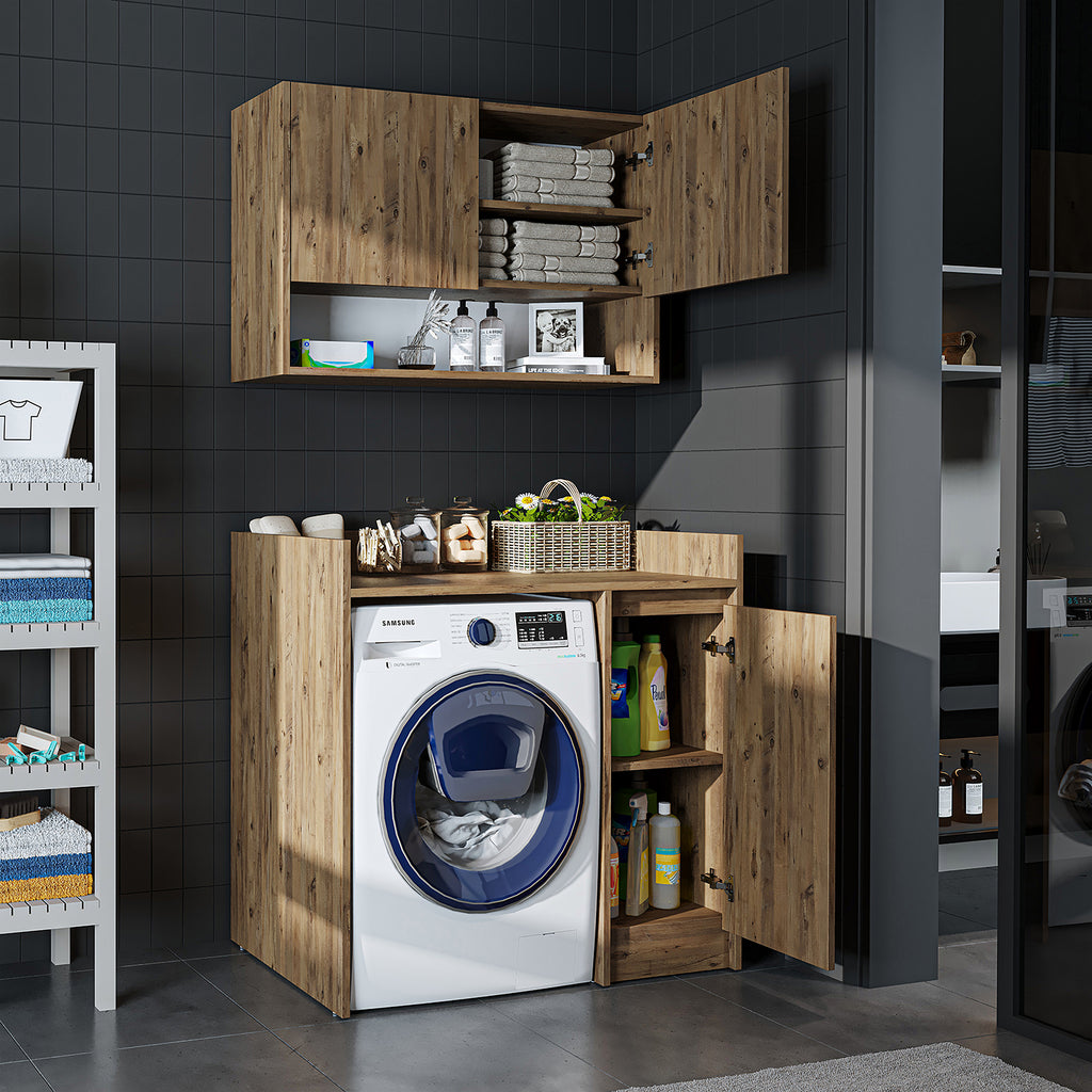 Roomart Waschmaschinenschrank DERIN-II – Waschmaschinen-Überbauschrank  – 100×180×65 cm – Waschküchen- & Hauswirtschaftsschrank – Weiß, Weiß-Eiche, Eiche & Anthrazit-Eiche