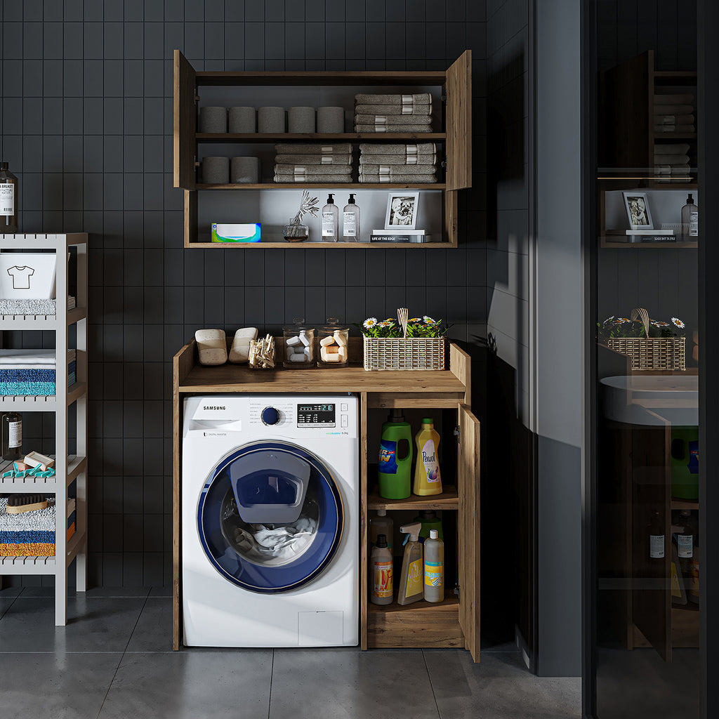 Roomart Waschmaschinenschrank DERIN-II – Waschmaschinen-Überbauschrank  – 100×180×65 cm – Waschküchen- & Hauswirtschaftsschrank – Weiß, Weiß-Eiche, Eiche & Anthrazit-Eiche