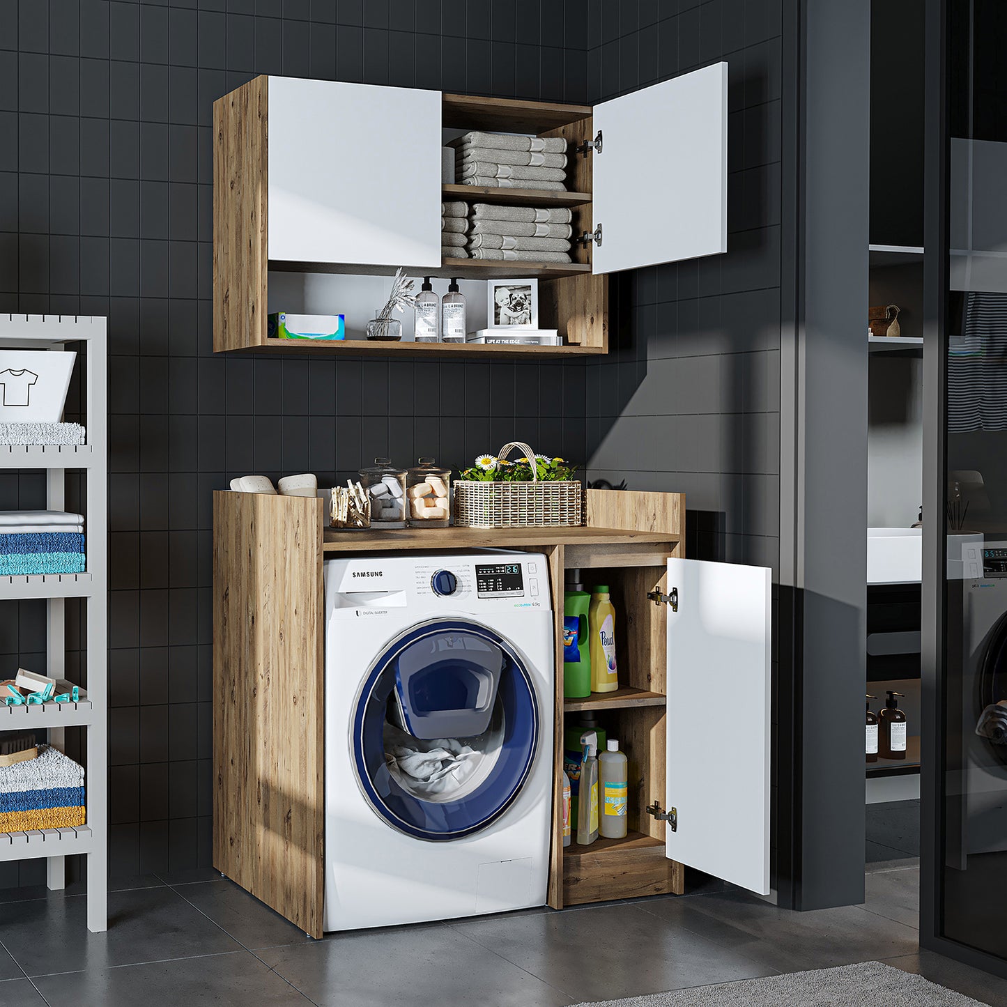 Roomart Waschmaschinenschrank DERIN-II – Waschmaschinen-Überbauschrank  – 100×180×65 cm – Waschküchen- & Hauswirtschaftsschrank – Weiß, Weiß-Eiche, Eiche & Anthrazit-Eiche