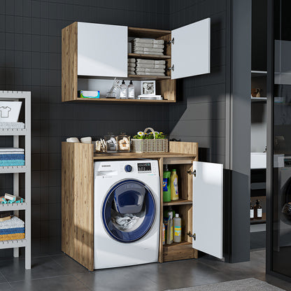 Roomart Waschmaschinenschrank DERIN-II – Waschmaschinen-Überbauschrank  – 100×180×65 cm – Waschküchen- & Hauswirtschaftsschrank – Weiß, Weiß-Eiche, Eiche & Anthrazit-Eiche