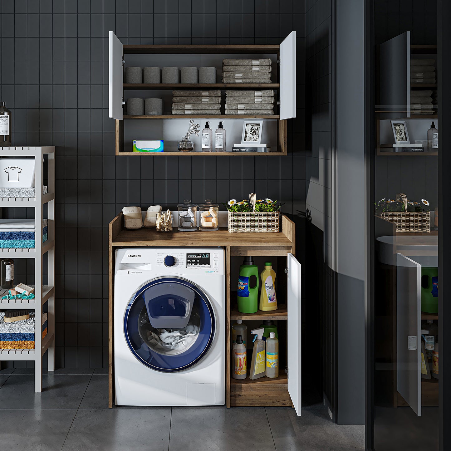 Roomart Waschmaschinenschrank DERIN-II – Waschmaschinen-Überbauschrank  – 100×180×65 cm – Waschküchen- & Hauswirtschaftsschrank – Weiß, Weiß-Eiche, Eiche & Anthrazit-Eiche