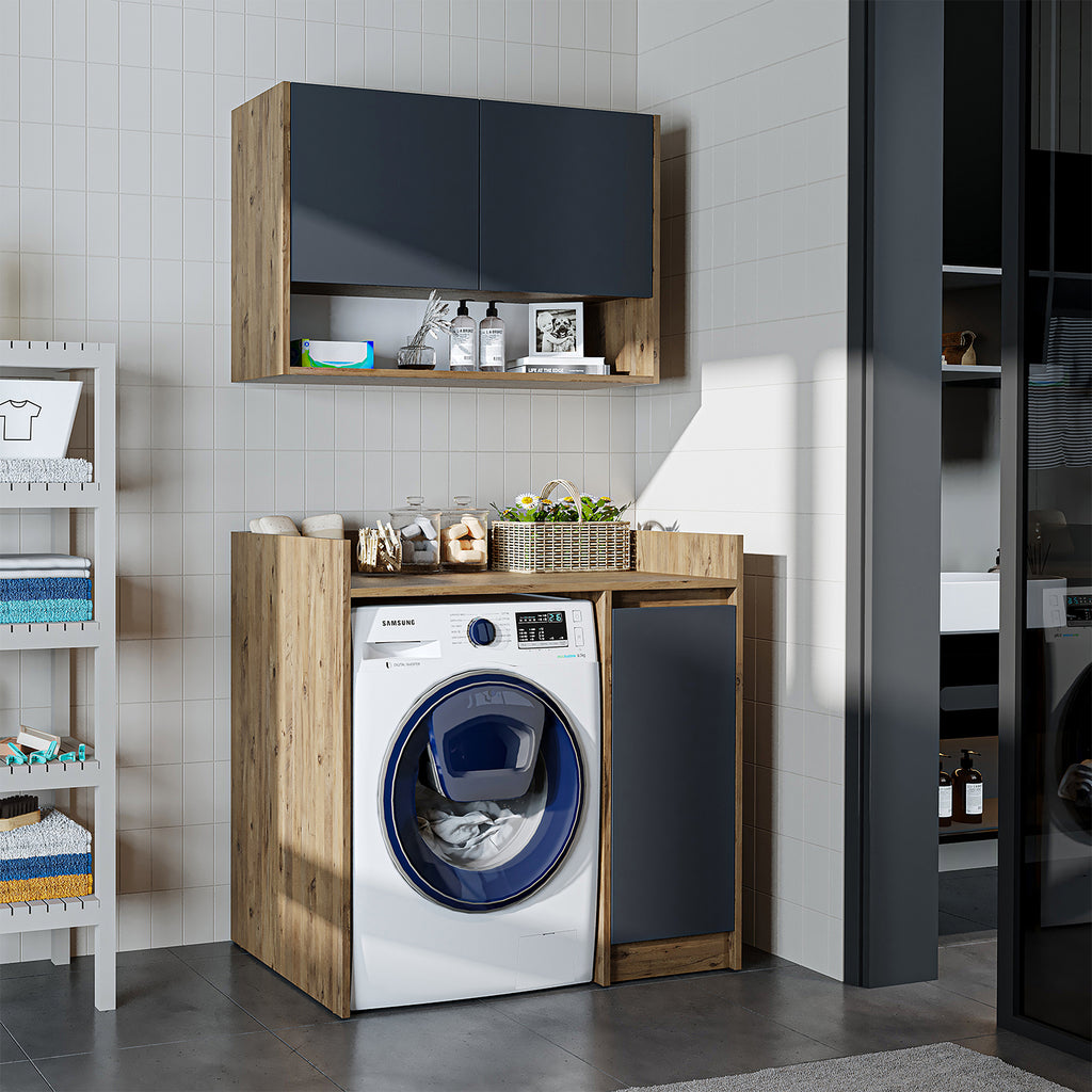 Roomart Waschmaschinenschrank DERIN-II – Waschmaschinen-Überbauschrank  – 100×180×65 cm – Waschküchen- & Hauswirtschaftsschrank – Weiß, Weiß-Eiche, Eiche & Anthrazit-Eiche