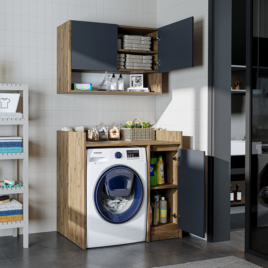 Roomart Waschmaschinenschrank DERIN-II – Waschmaschinen-Überbauschrank  – 100×180×65 cm – Waschküchen- & Hauswirtschaftsschrank – Weiß, Weiß-Eiche, Eiche & Anthrazit-Eiche