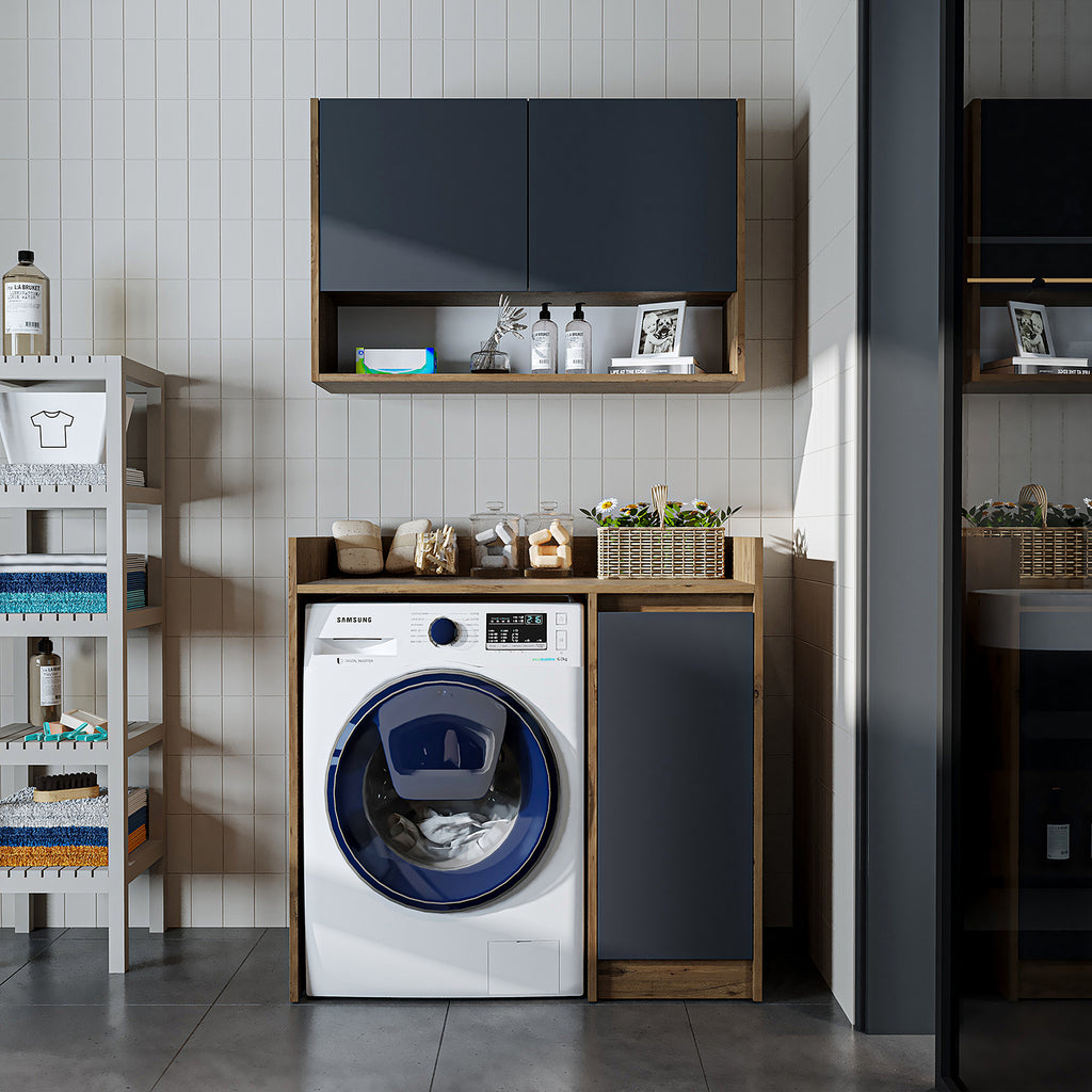 Roomart Waschmaschinenschrank DERIN-II – Waschmaschinen-Überbauschrank  – 100×180×65 cm – Waschküchen- & Hauswirtschaftsschrank – Weiß, Weiß-Eiche, Eiche & Anthrazit-Eiche