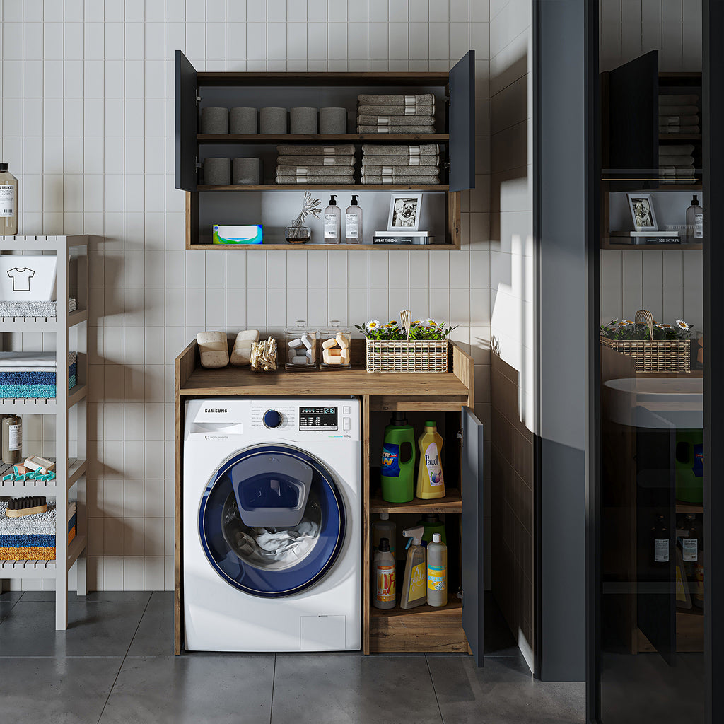 Roomart Waschmaschinenschrank DERIN-II – Waschmaschinen-Überbauschrank  – 100×180×65 cm – Waschküchen- & Hauswirtschaftsschrank – Weiß, Weiß-Eiche, Eiche & Anthrazit-Eiche