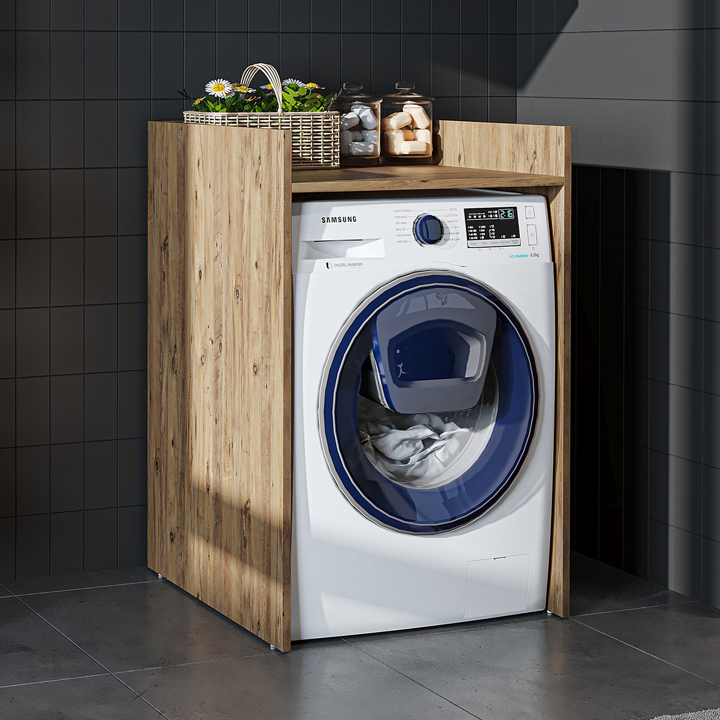 Roomart Waschmaschinenschrank DERIN-I – Waschmaschinen-Überbauschrank  – 65×180×65 cm – Waschküchen- & Hauswirtschaftsschrank – Weiß, Weiß-Eiche, Eiche & Anthrazit-Eiche