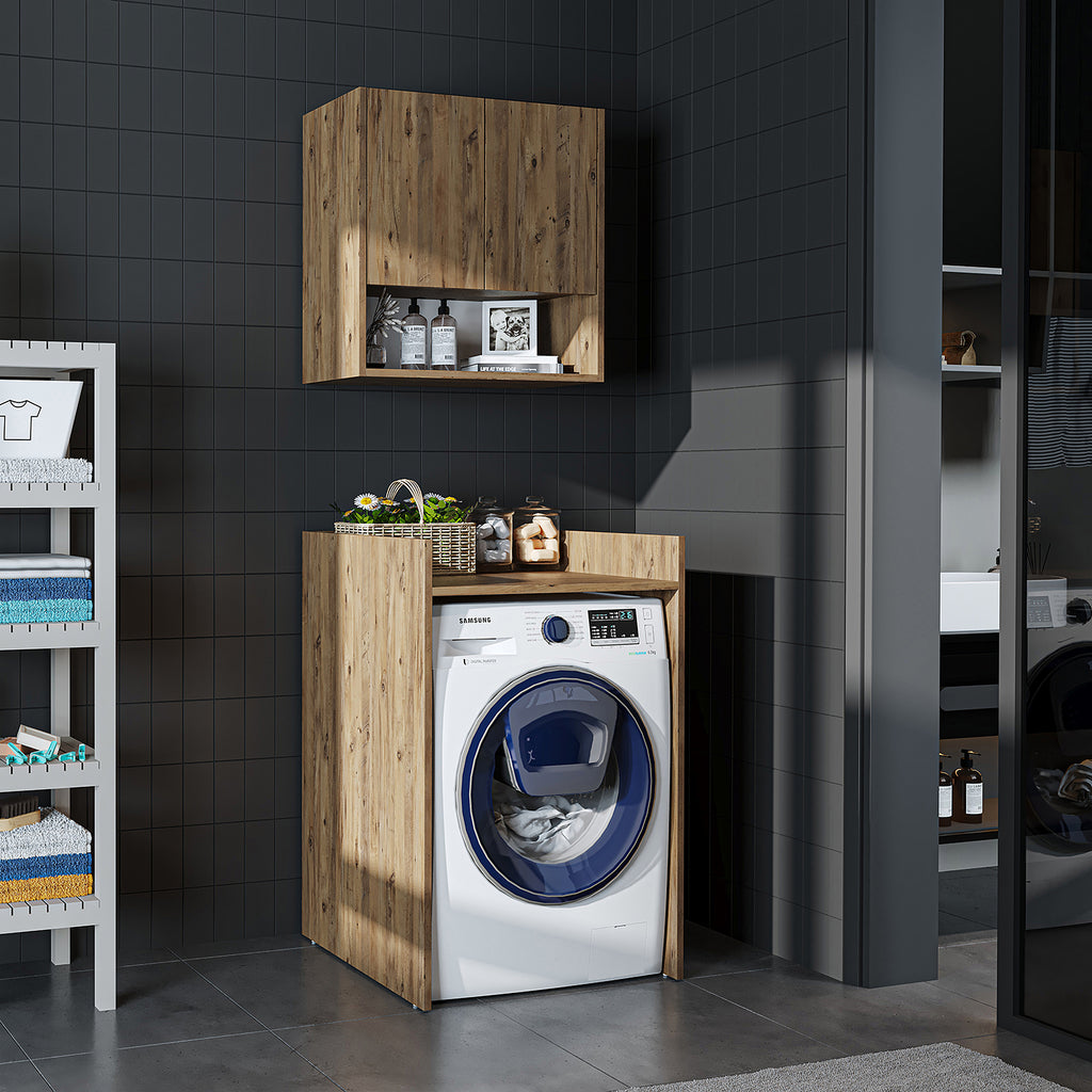 Roomart Waschmaschinenschrank DERIN-I – Waschmaschinen-Überbauschrank  – 65×180×65 cm – Waschküchen- & Hauswirtschaftsschrank – Weiß, Weiß-Eiche, Eiche & Anthrazit-Eiche