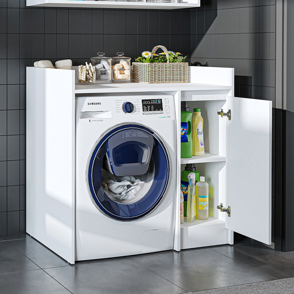 Roomart Waschmaschinenschrank DERIN-II – Waschmaschinen-Überbauschrank  – 100×180×65 cm – Waschküchen- & Hauswirtschaftsschrank – Weiß, Weiß-Eiche, Eiche & Anthrazit-Eiche