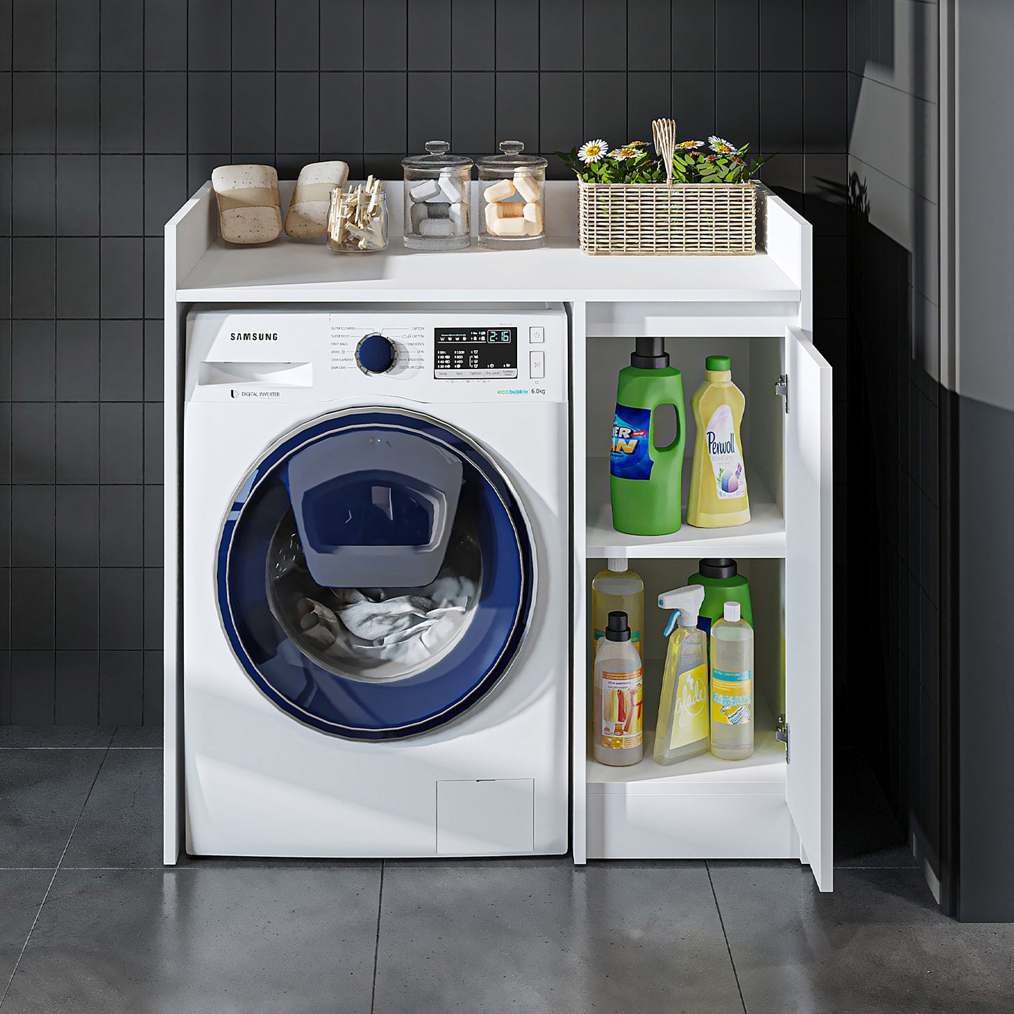 Roomart Waschmaschinenschrank DERIN-II – Waschmaschinen-Überbauschrank  – 100×180×65 cm – Waschküchen- & Hauswirtschaftsschrank – Weiß, Weiß-Eiche, Eiche & Anthrazit-Eiche