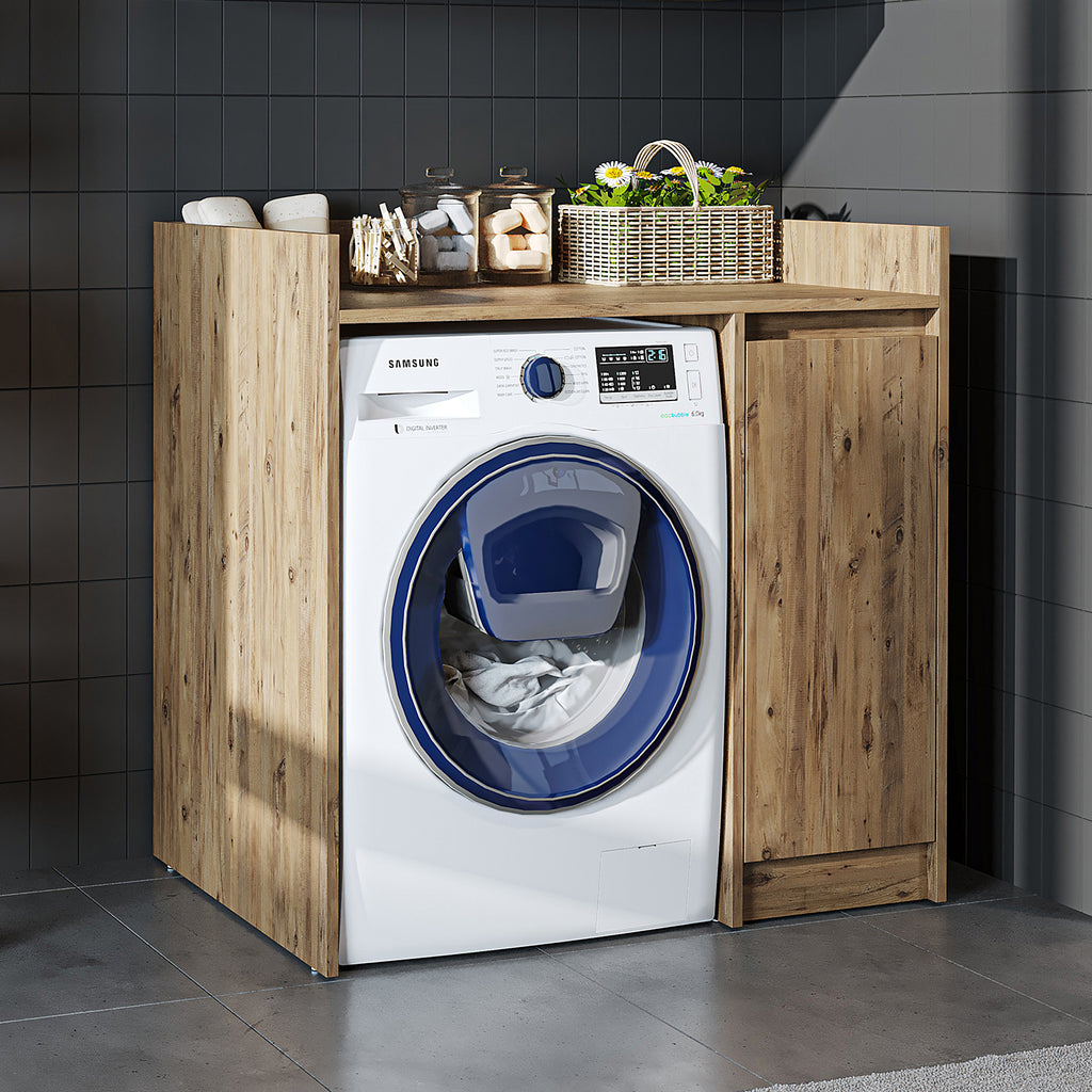 Roomart Waschmaschinenschrank DERIN-II – Waschmaschinen-Überbauschrank  – 100×180×65 cm – Waschküchen- & Hauswirtschaftsschrank – Weiß, Weiß-Eiche, Eiche & Anthrazit-Eiche