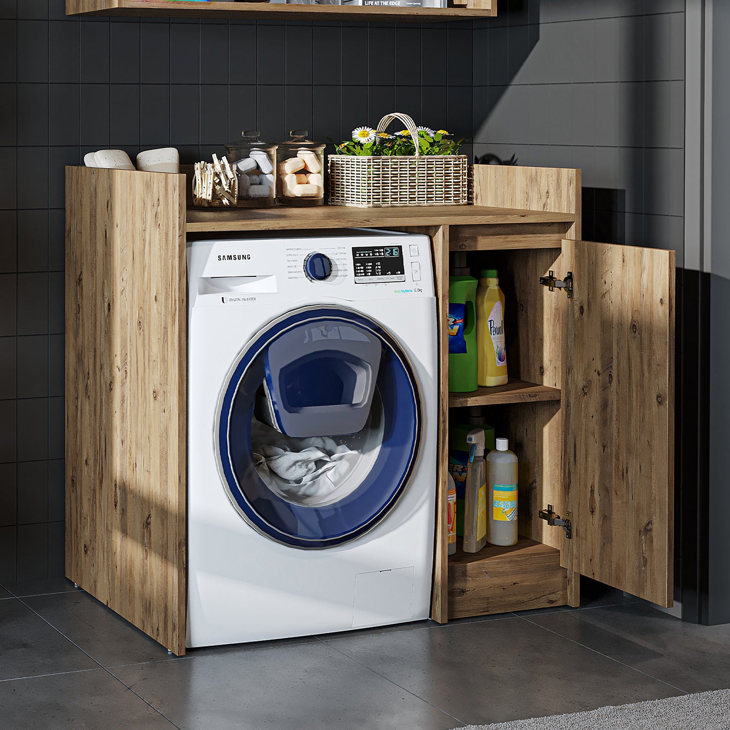 Roomart Waschmaschinenschrank DERIN-II – Waschmaschinen-Überbauschrank  – 100×180×65 cm – Waschküchen- & Hauswirtschaftsschrank – Weiß, Weiß-Eiche, Eiche & Anthrazit-Eiche