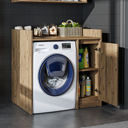 Roomart Waschmaschinenschrank DERIN-II – Waschmaschinen-Überbauschrank  – 100×180×65 cm – Waschküchen- & Hauswirtschaftsschrank – Weiß, Weiß-Eiche, Eiche & Anthrazit-Eiche